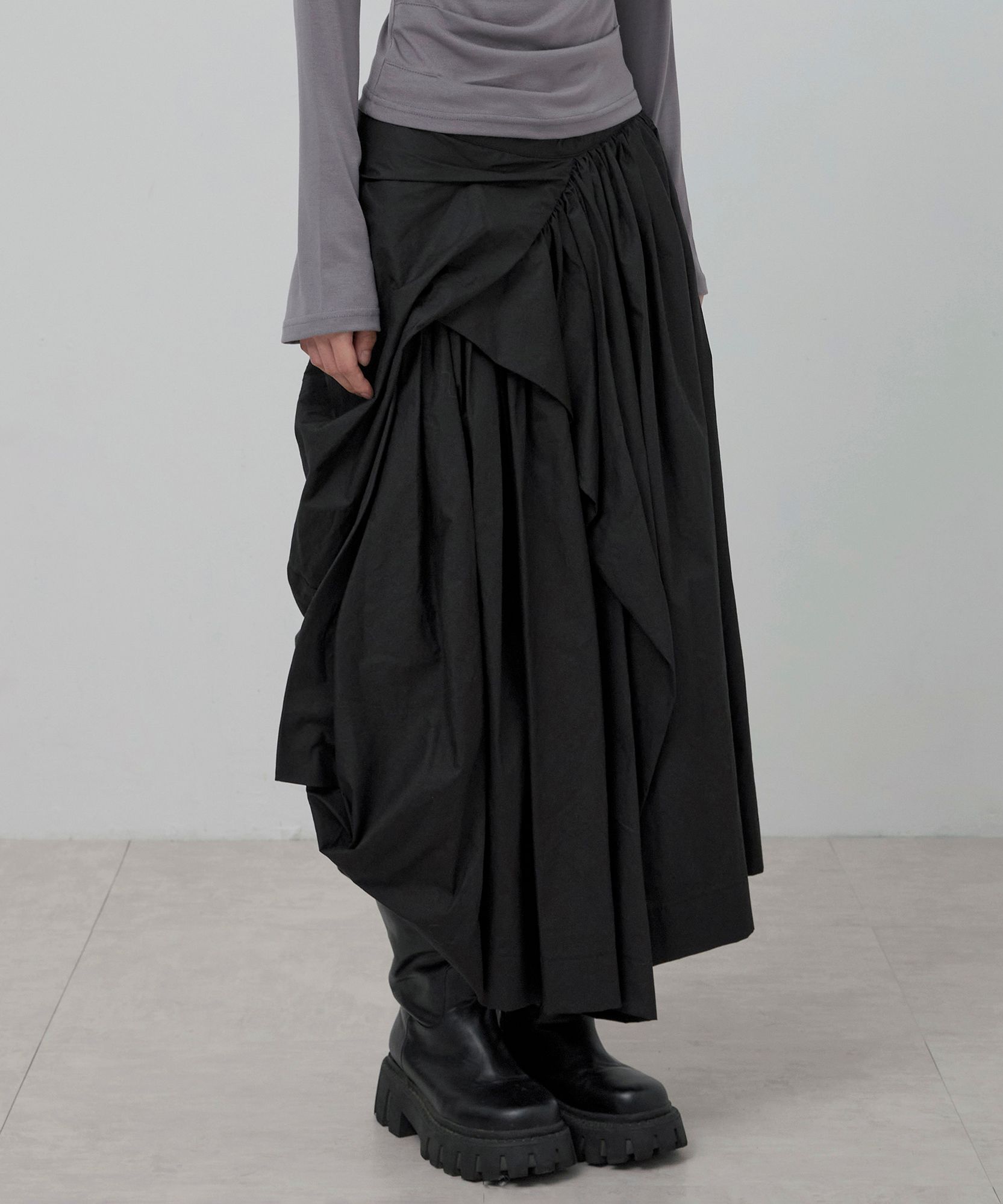 플레어업(FLAREUP) Asymmetrical Draped Layered Long Skirt (FL