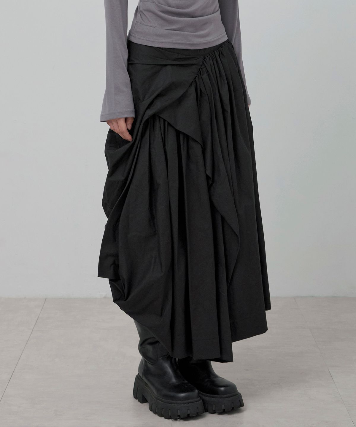 플레어업(FLAREUP) Asymmetrical Draped Layered Long Skirt (FL-256_Black)