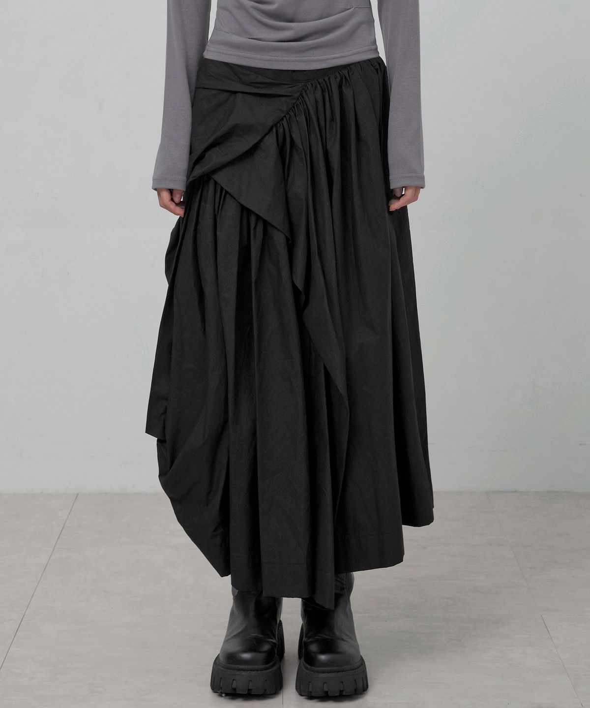 플레어업(FLAREUP) Asymmetrical Draped Layered Long Skirt (FL-256_Black)