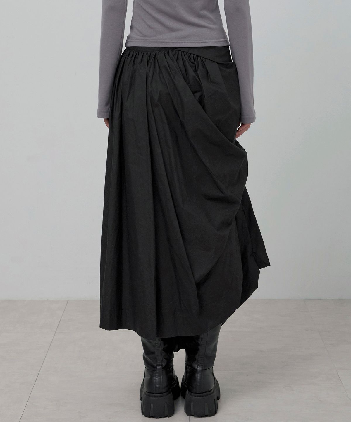 플레어업(FLAREUP) Asymmetrical Draped Layered Long Skirt (FL-256_Black)