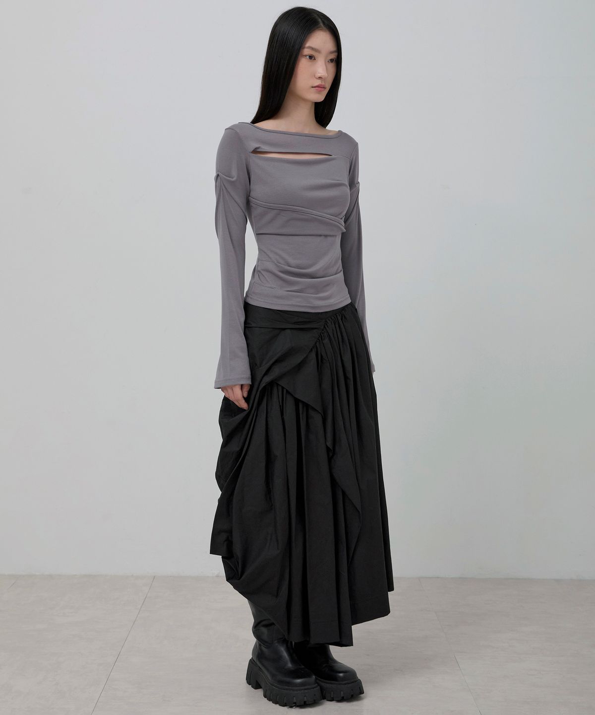 플레어업(FLAREUP) Asymmetrical Draped Layered Long Skirt (FL-256_Black)