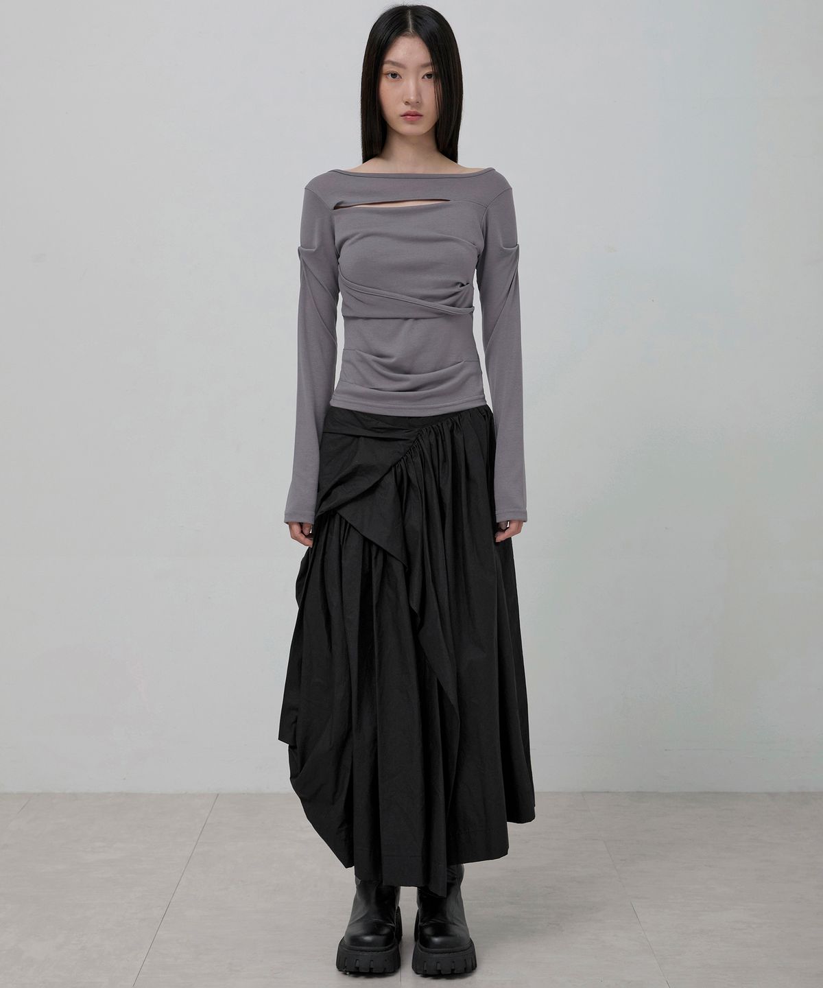 플레어업(FLAREUP) Asymmetrical Draped Layered Long Skirt (FL-256_Black)