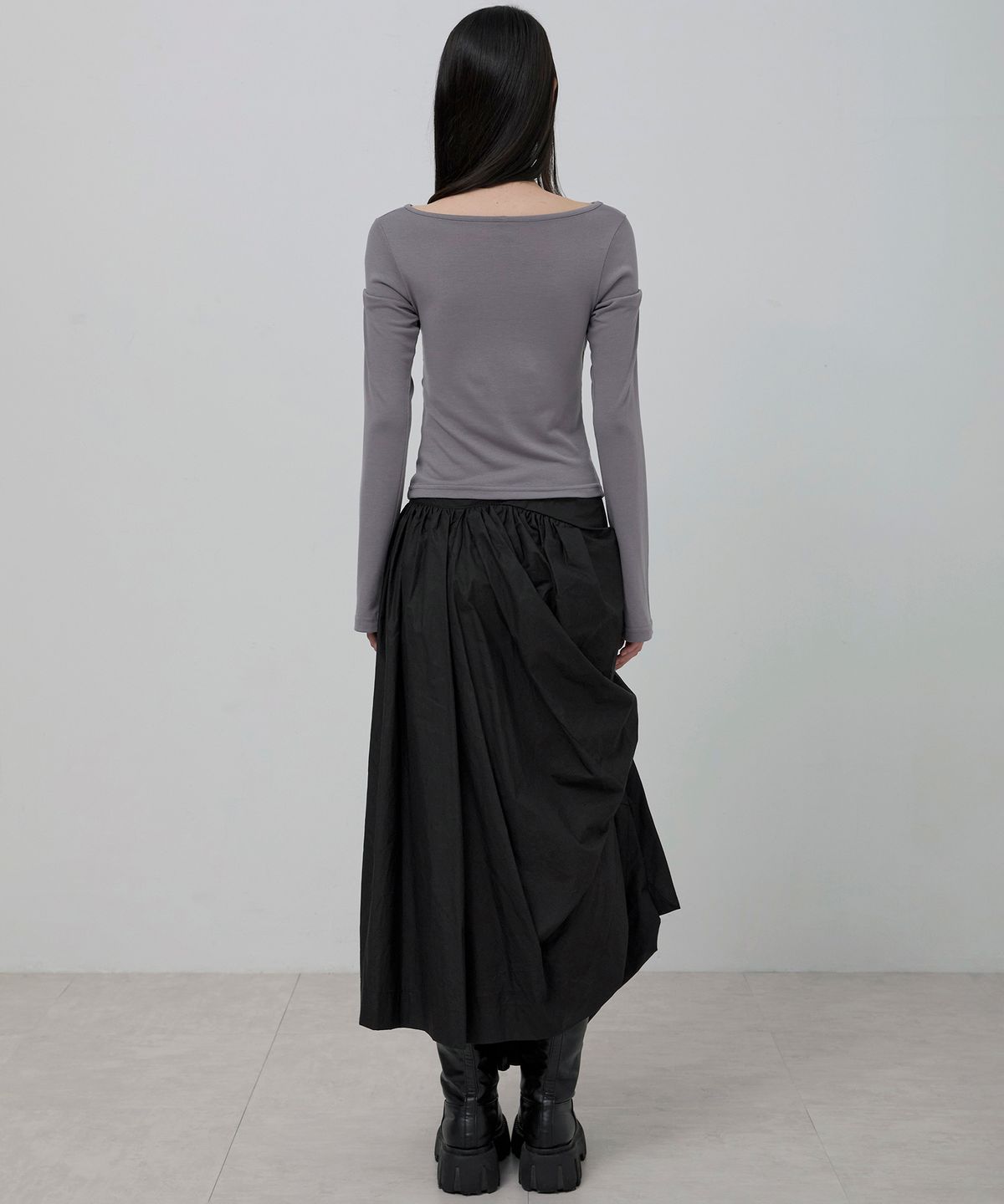 플레어업(FLAREUP) Asymmetrical Draped Layered Long Skirt (FL-256_Black)