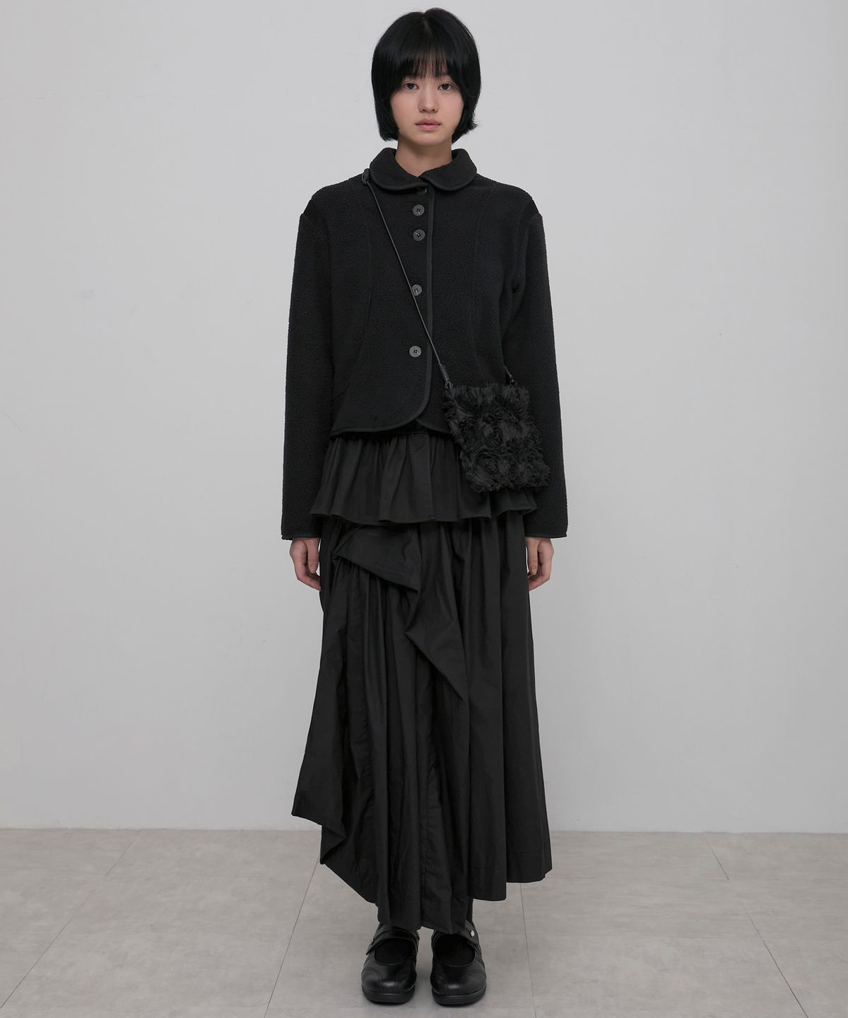 플레어업(FLAREUP) Asymmetrical Draped Layered Long Skirt (FL-256_Black)