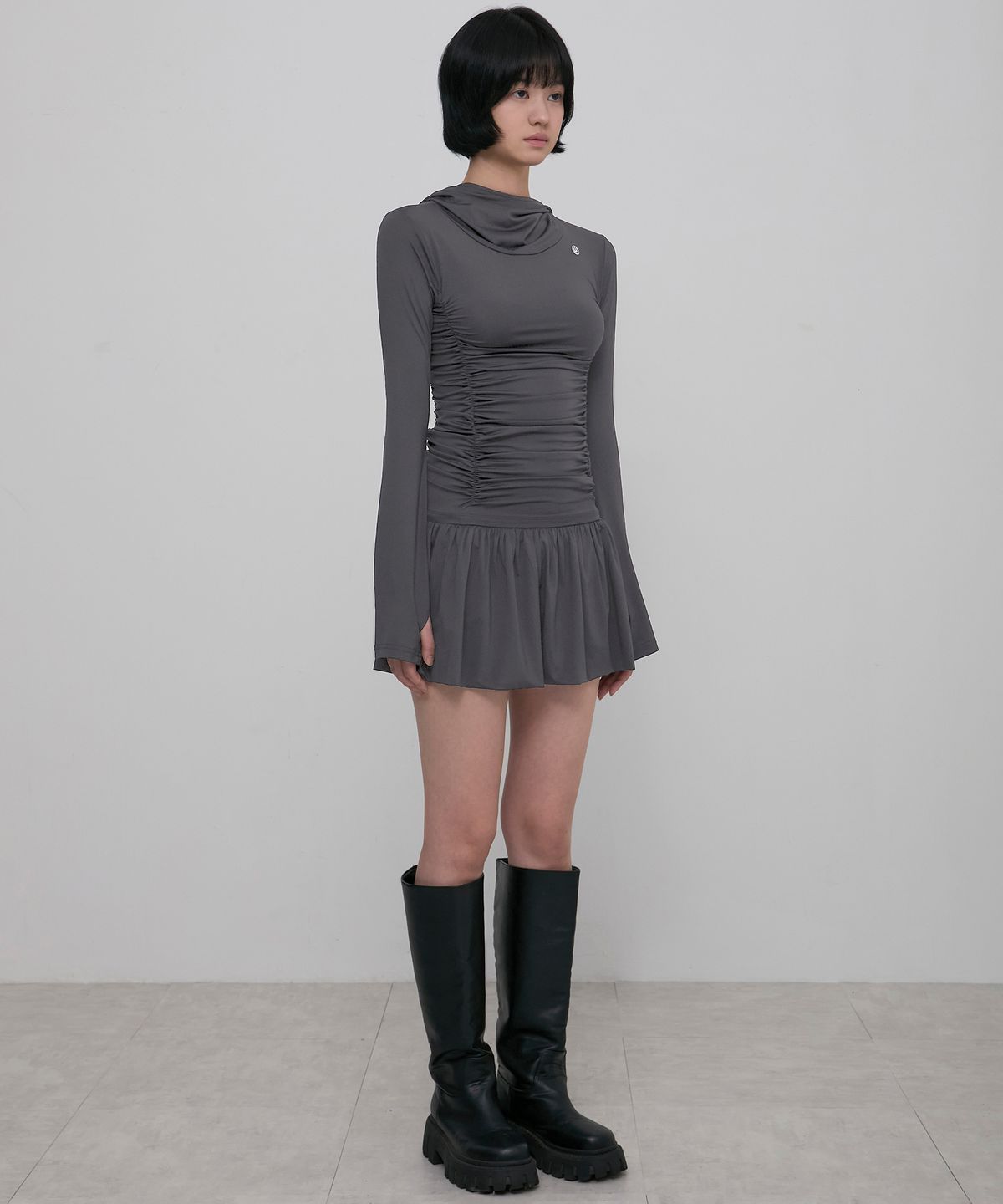 플레어업(FLAREUP) Hooded High Neck Long Dress (FL-185_Charcoal)