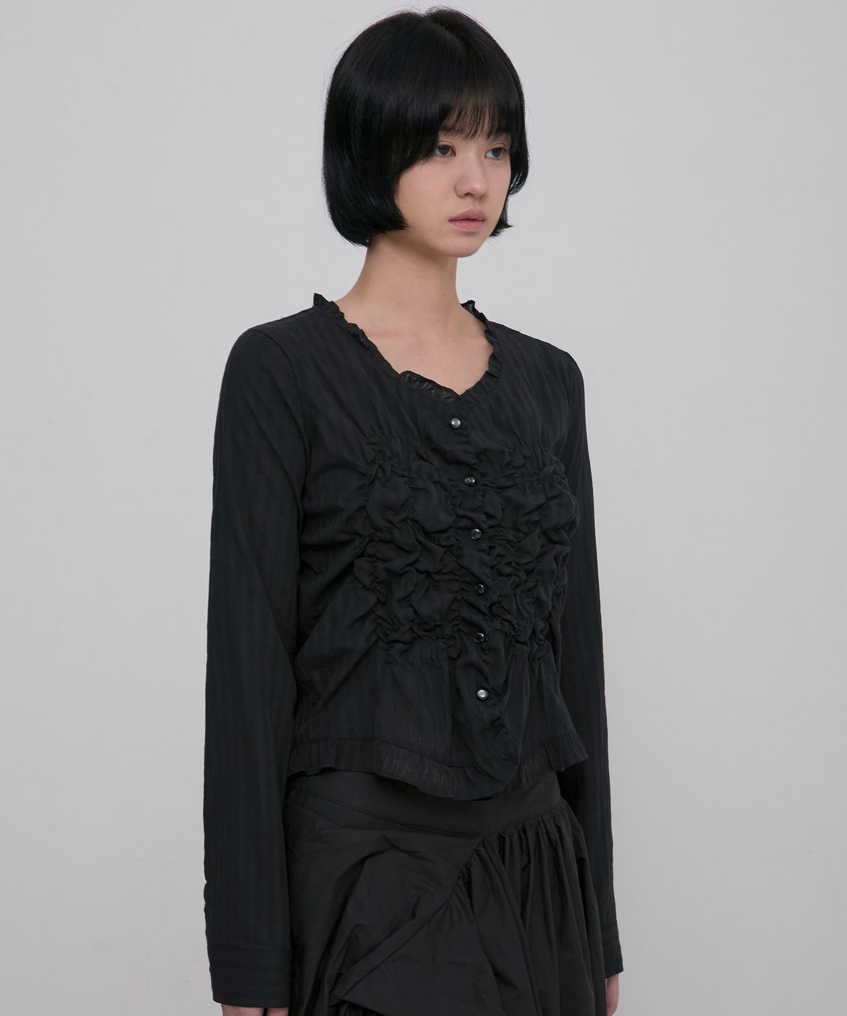 플레어업(FLAREUP) Saya Frill Puff Long Blouse (FL-190_Black)