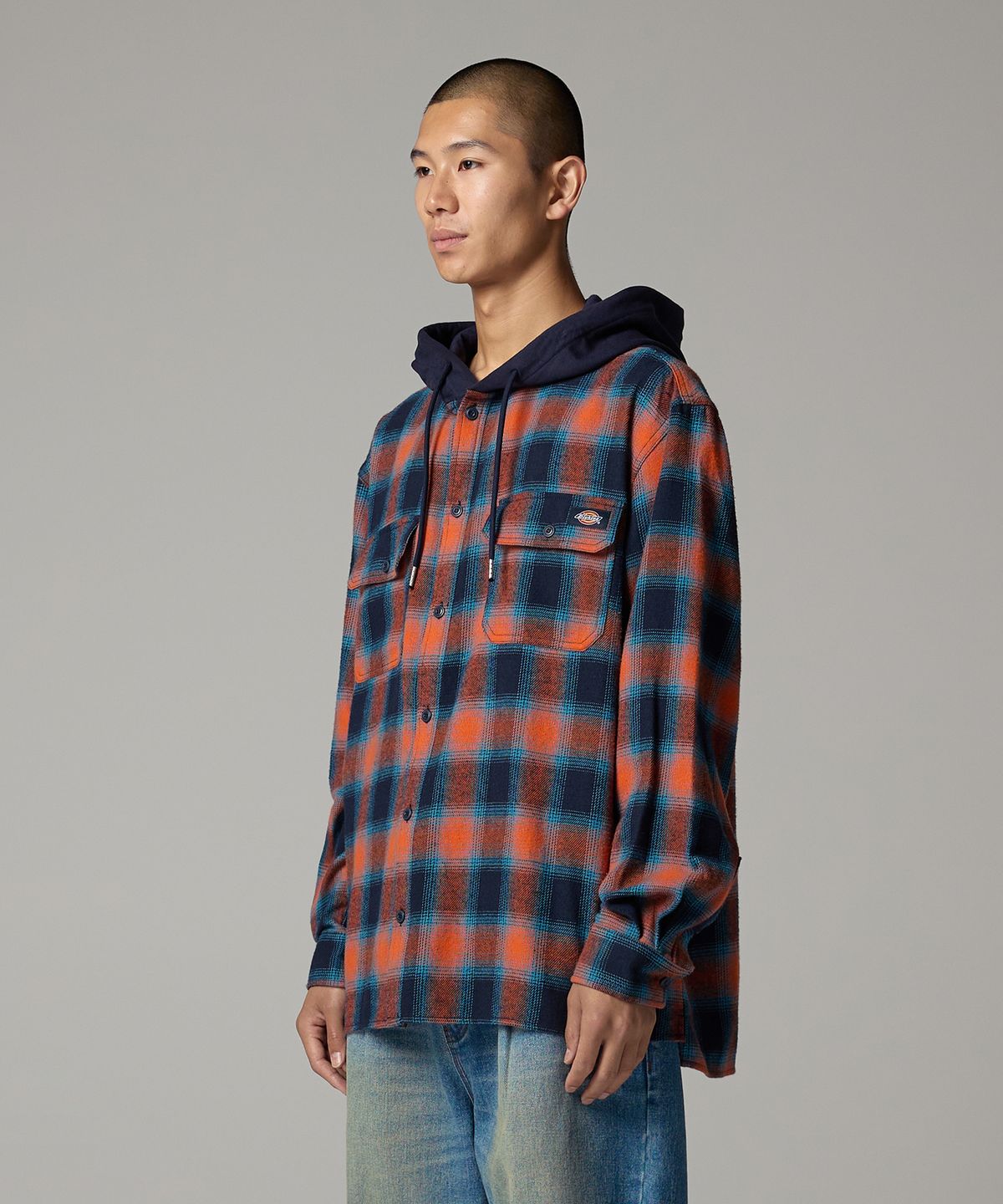 디키즈(DICKIES) 후디드 플란넬 셔츠 Orange