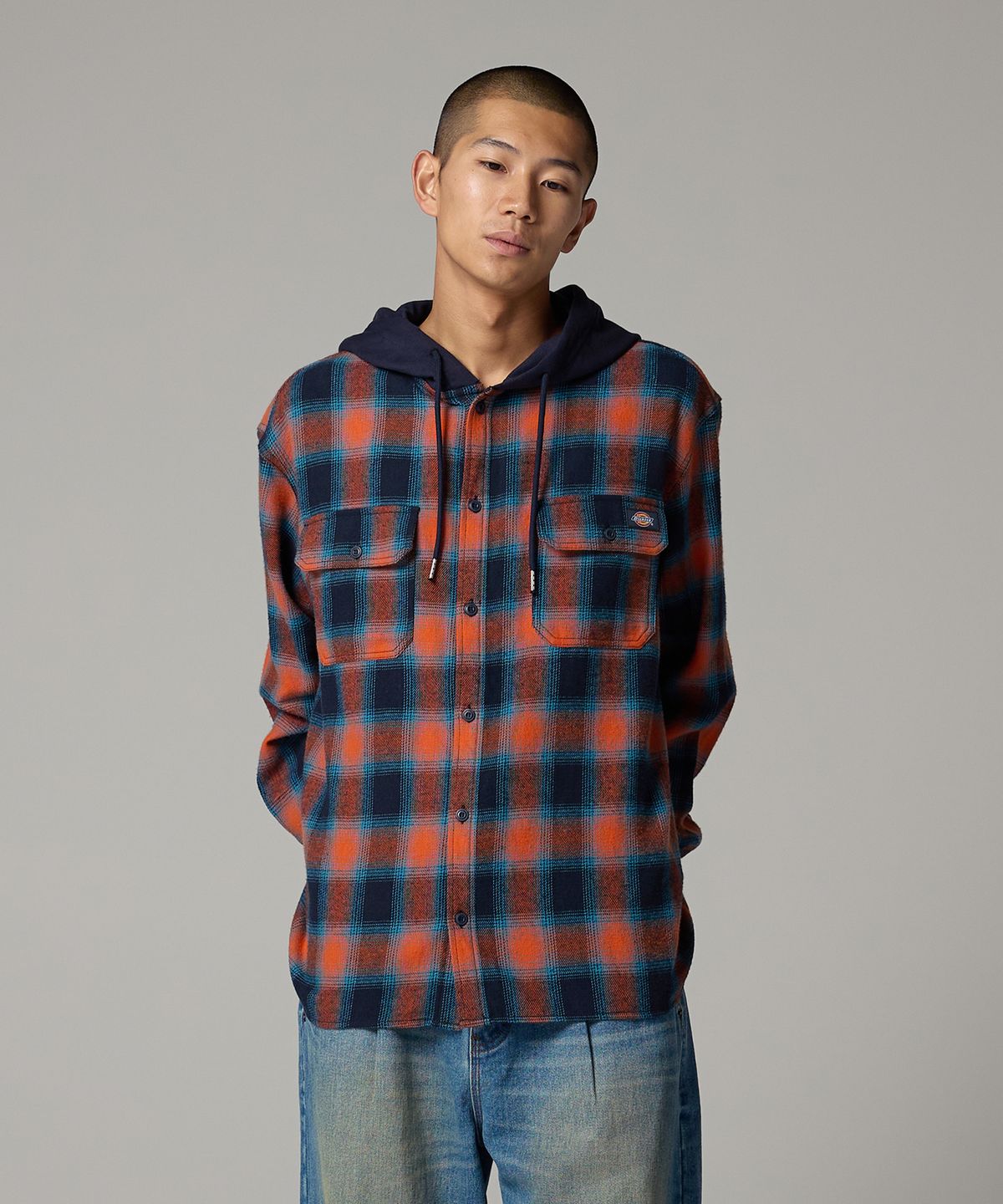 디키즈(DICKIES) 후디드 플란넬 셔츠 Orange