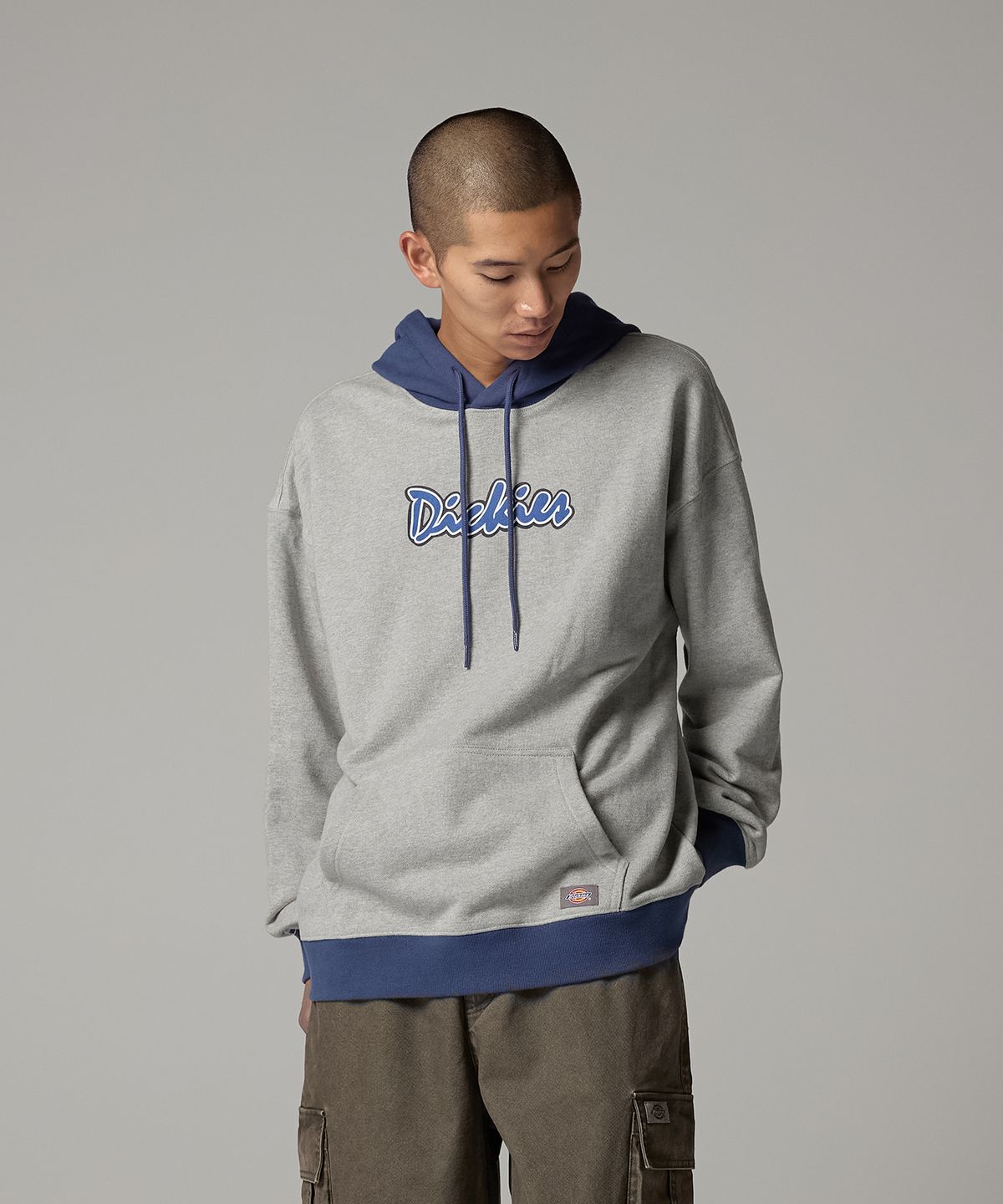 디키즈(DICKIES) 커시브 로고 투톤 후디 Melange Gray