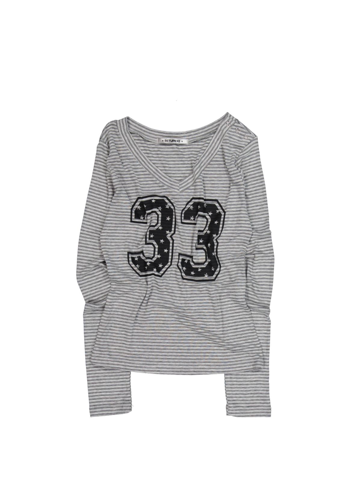 셋업이엑스이(SETUP-EXE) 33 STRIPE V-NECK TOP / MELANGE GRAY