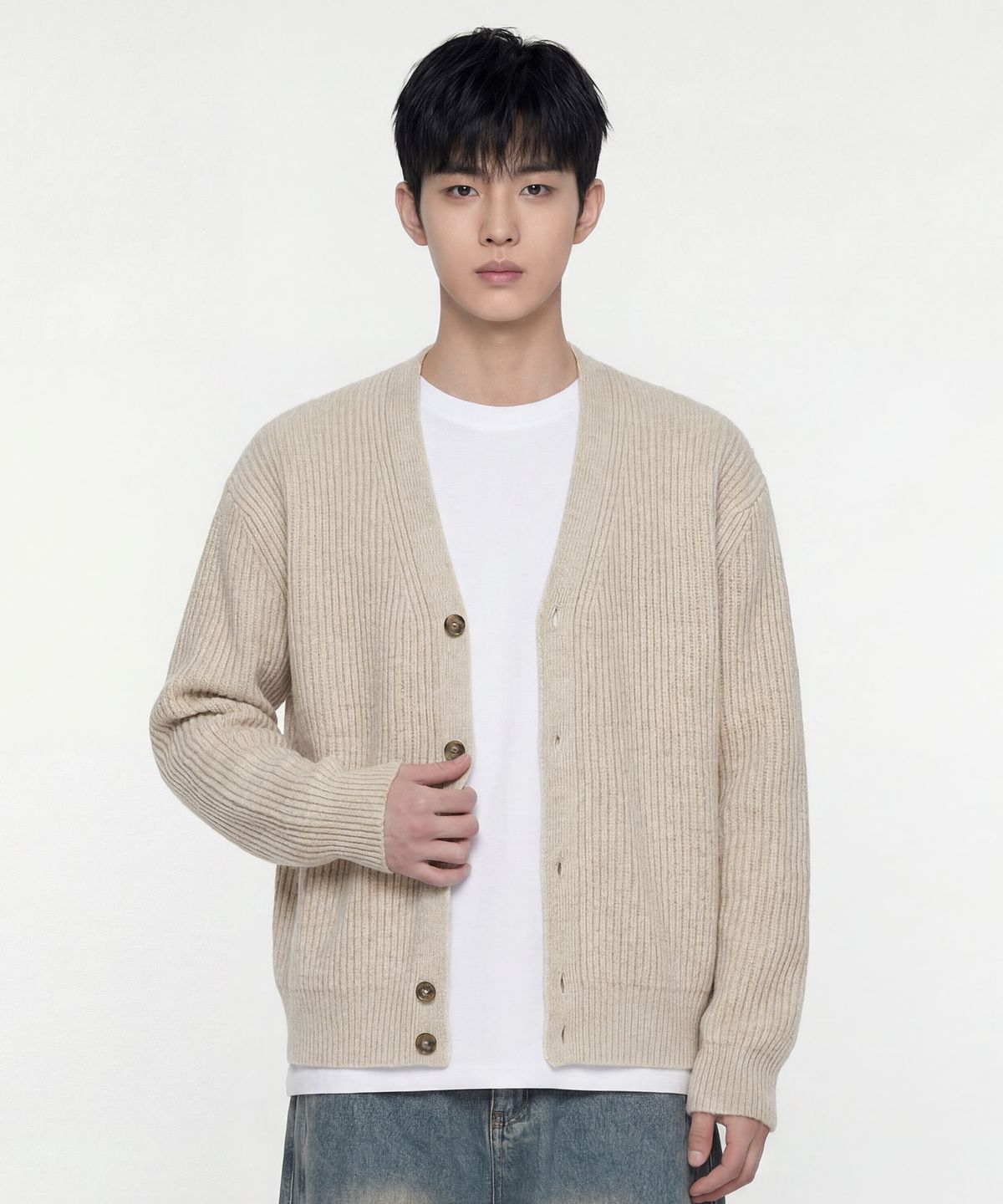에이지오디(AGOD) 헤어리 골지 니트 가디건 [오트밀]