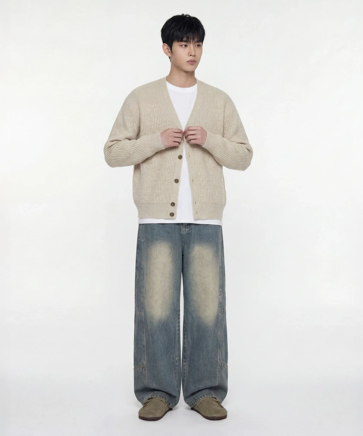 에이지오디(AGOD) 헤어리 골지 니트 가디건 [오트밀]