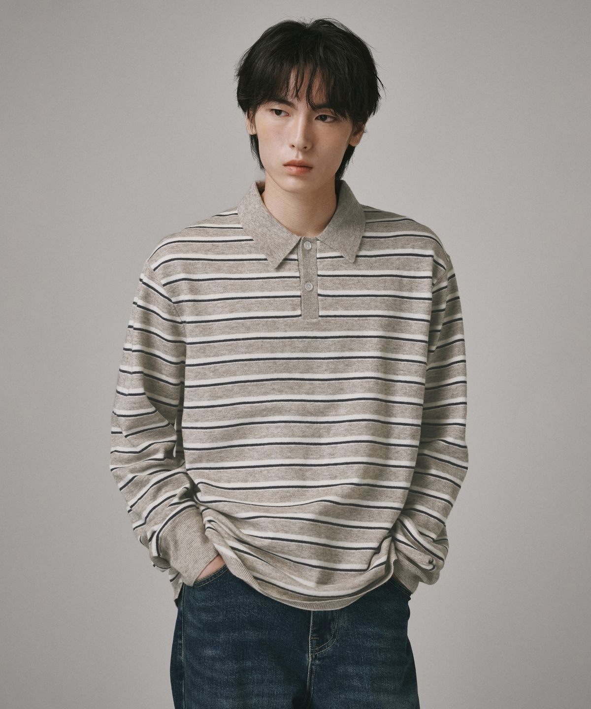 버던트(VERDNT) 헤어리 스트라이프 카라 니트 [라이트 브라운]