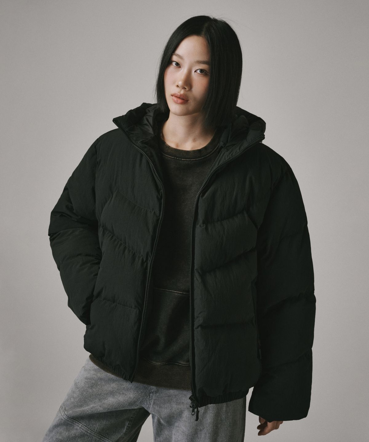 버던트(VERDNT) 컷블럭 퀼팅 후드 패딩 점퍼 [블랙]