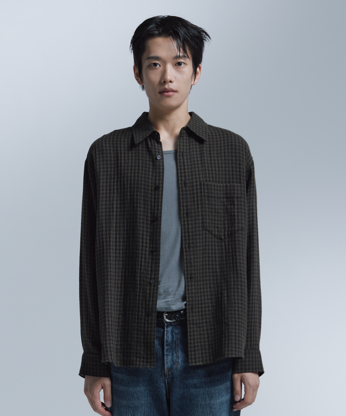넌블랭크(NONBLANK) 깅엄 체크 셔츠_KHAKI