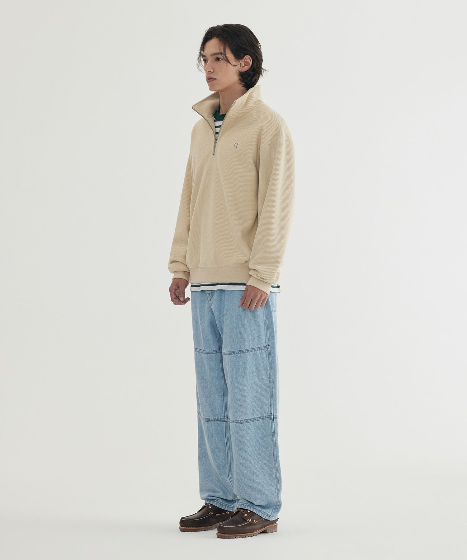 MUSINSA | COVERNAT Small C Logo Corduroy Half Zip-Up Teal Blue