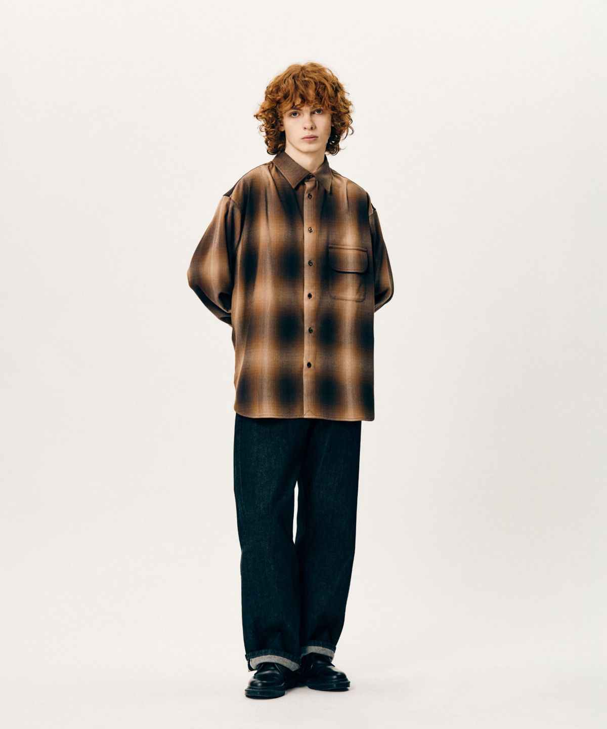 에스피오나지(ESPIONAGE) Viscose Plaid Flap Pocket Shirt Ombre Brown