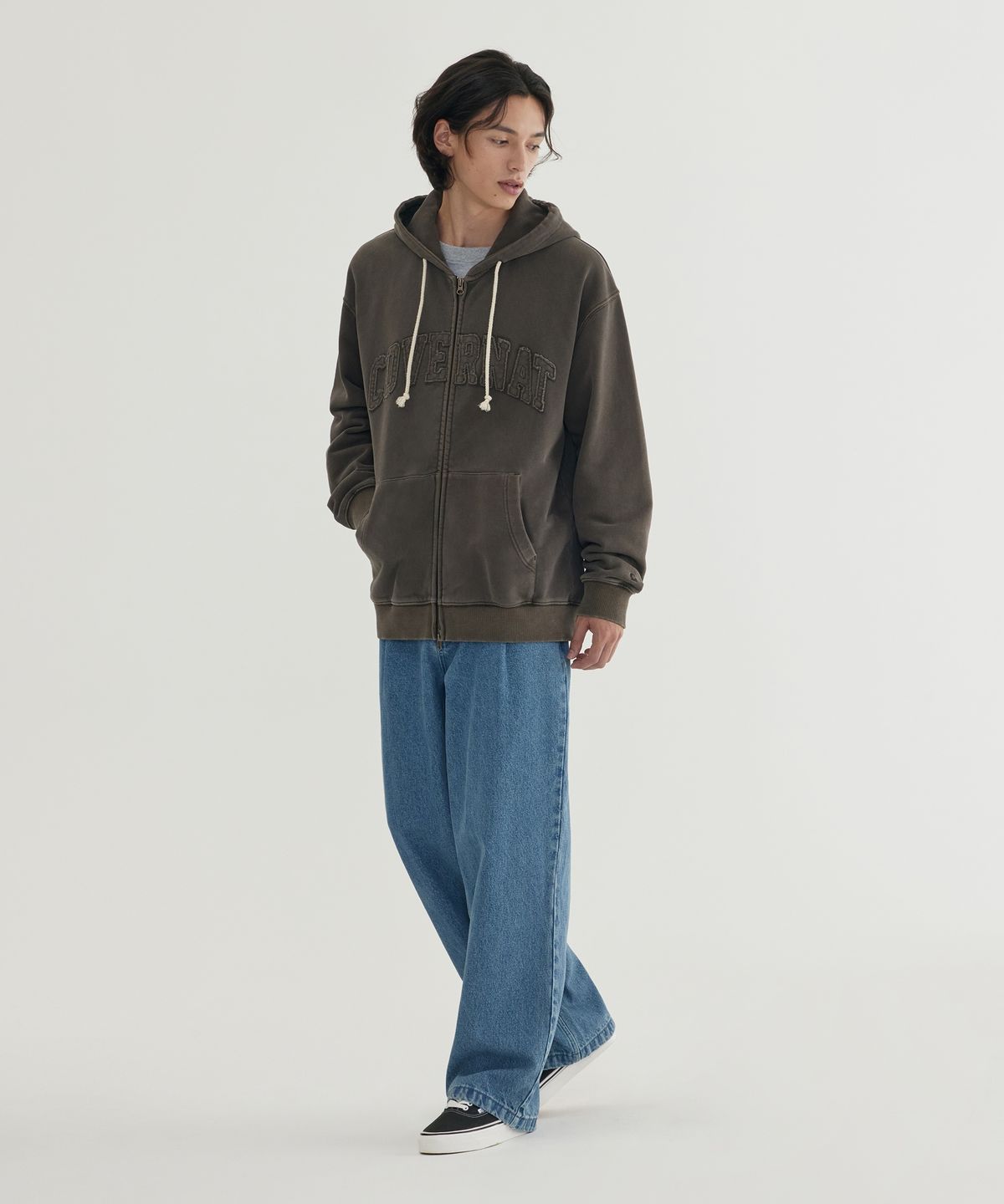 커버낫(COVERNAT) 피그먼트 아치로고 후드집업 Navy