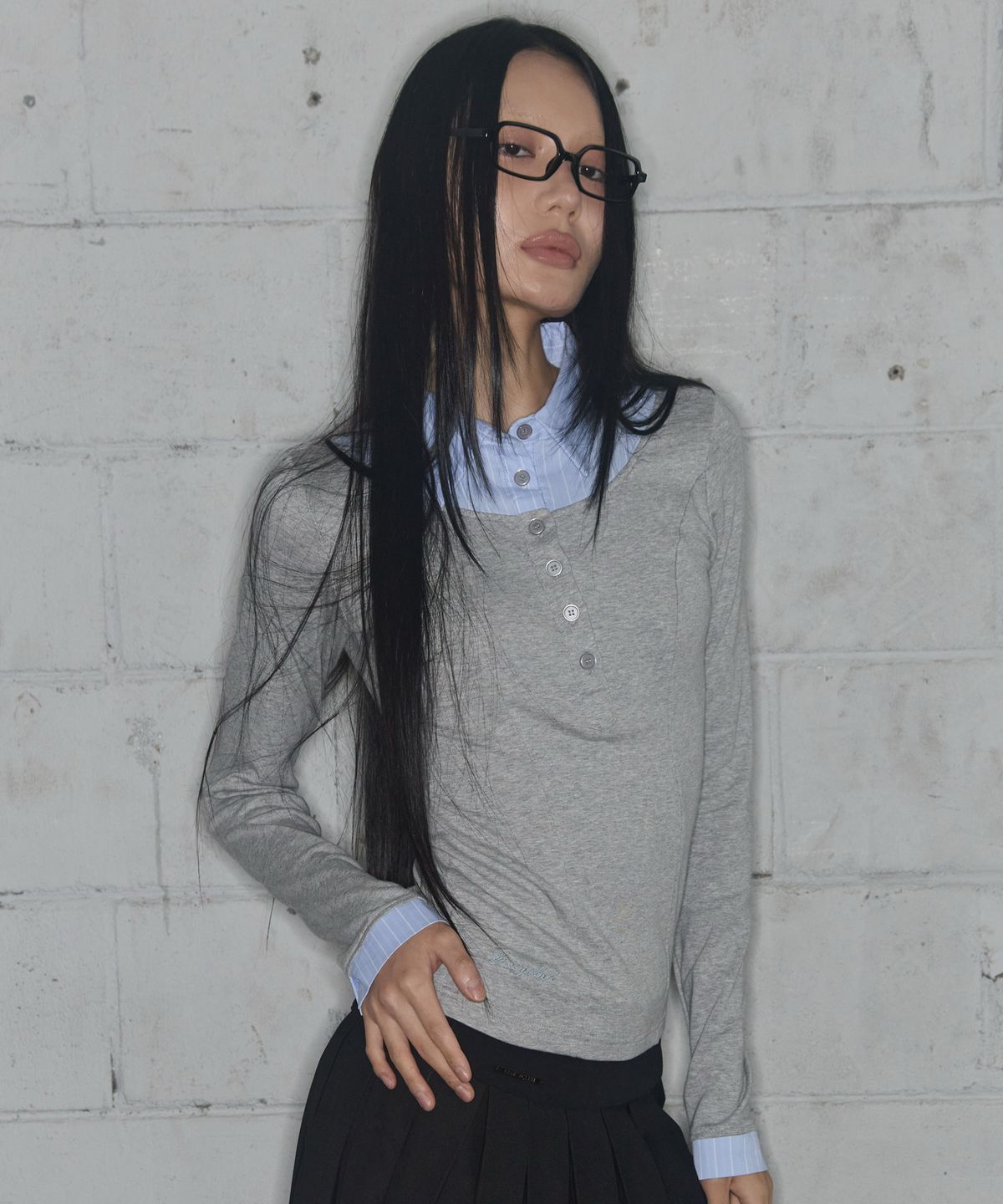 팬시클럽(FANCY CLUB) 셔츠 레이어드 롱슬리브 (GRAY) F25ZB023
