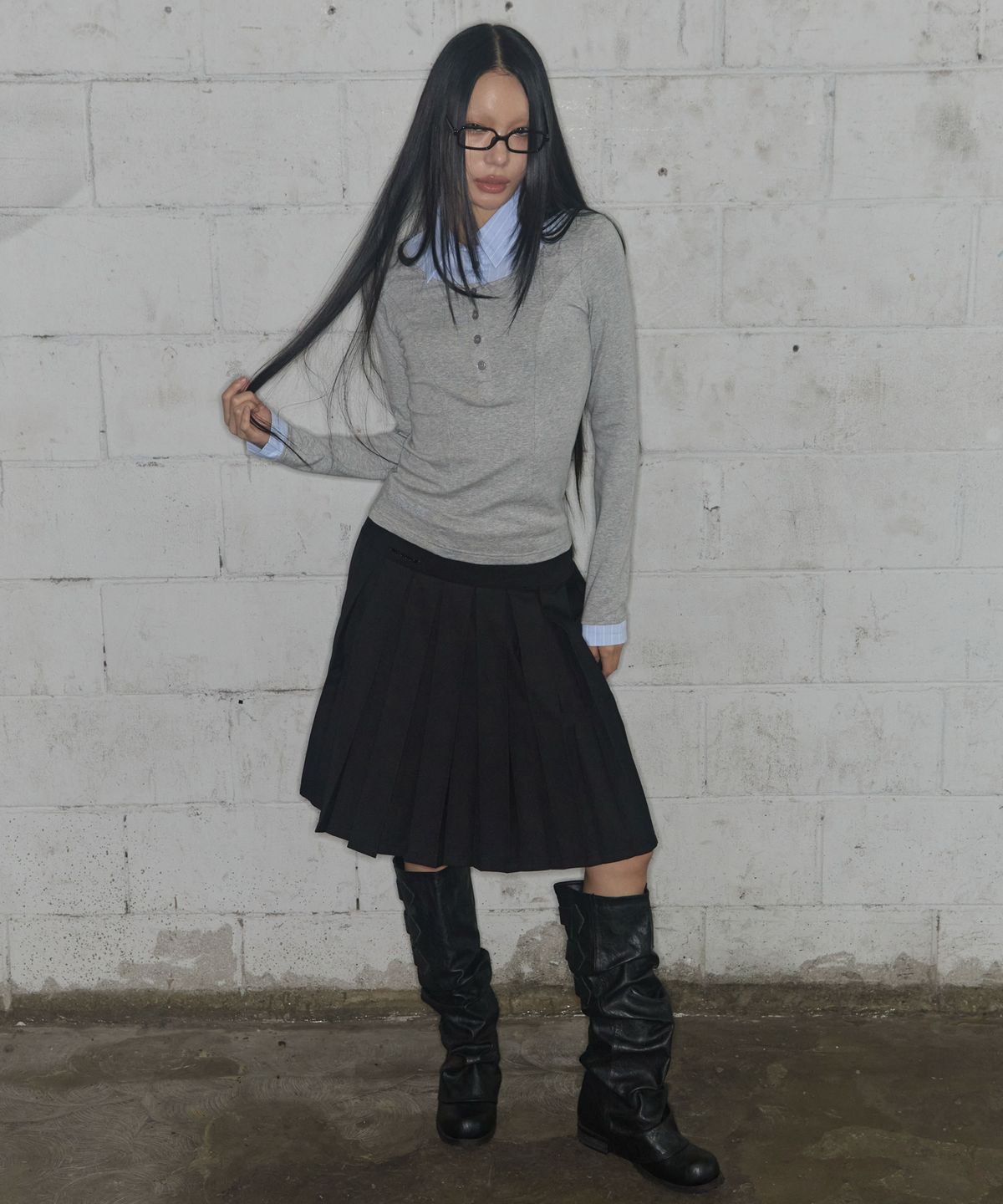 팬시클럽(FANCY CLUB) 셔츠 레이어드 롱슬리브 (GRAY) F25ZB023