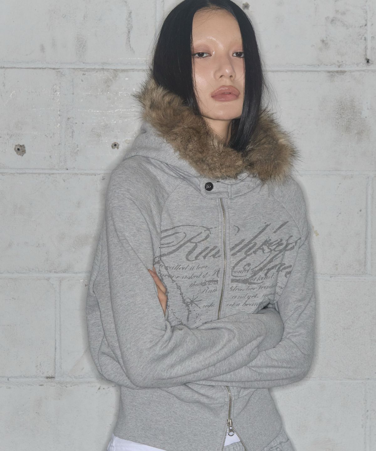 팬시클럽(FANCY CLUB) 루스리스 퍼 후드집업 (GRAY) F25ZA005