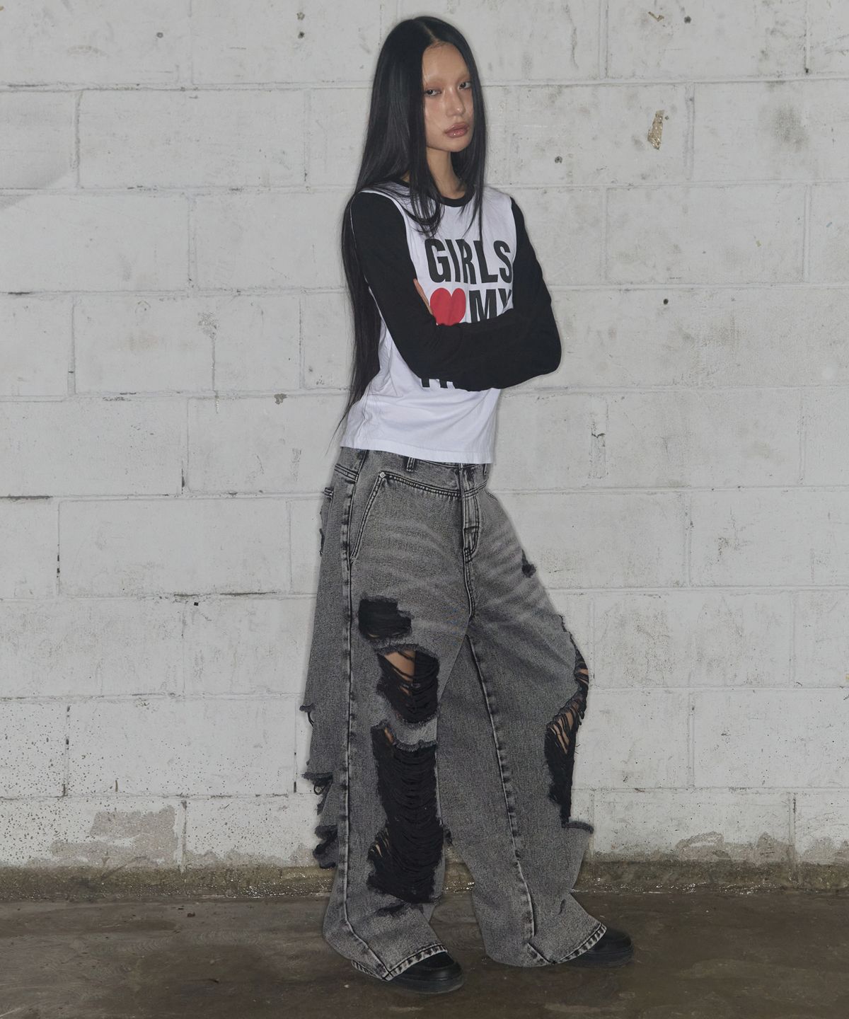 팬시클럽(FANCY CLUB) 워시드 데미지 데님 팬츠 (GRAY) F25ZD979