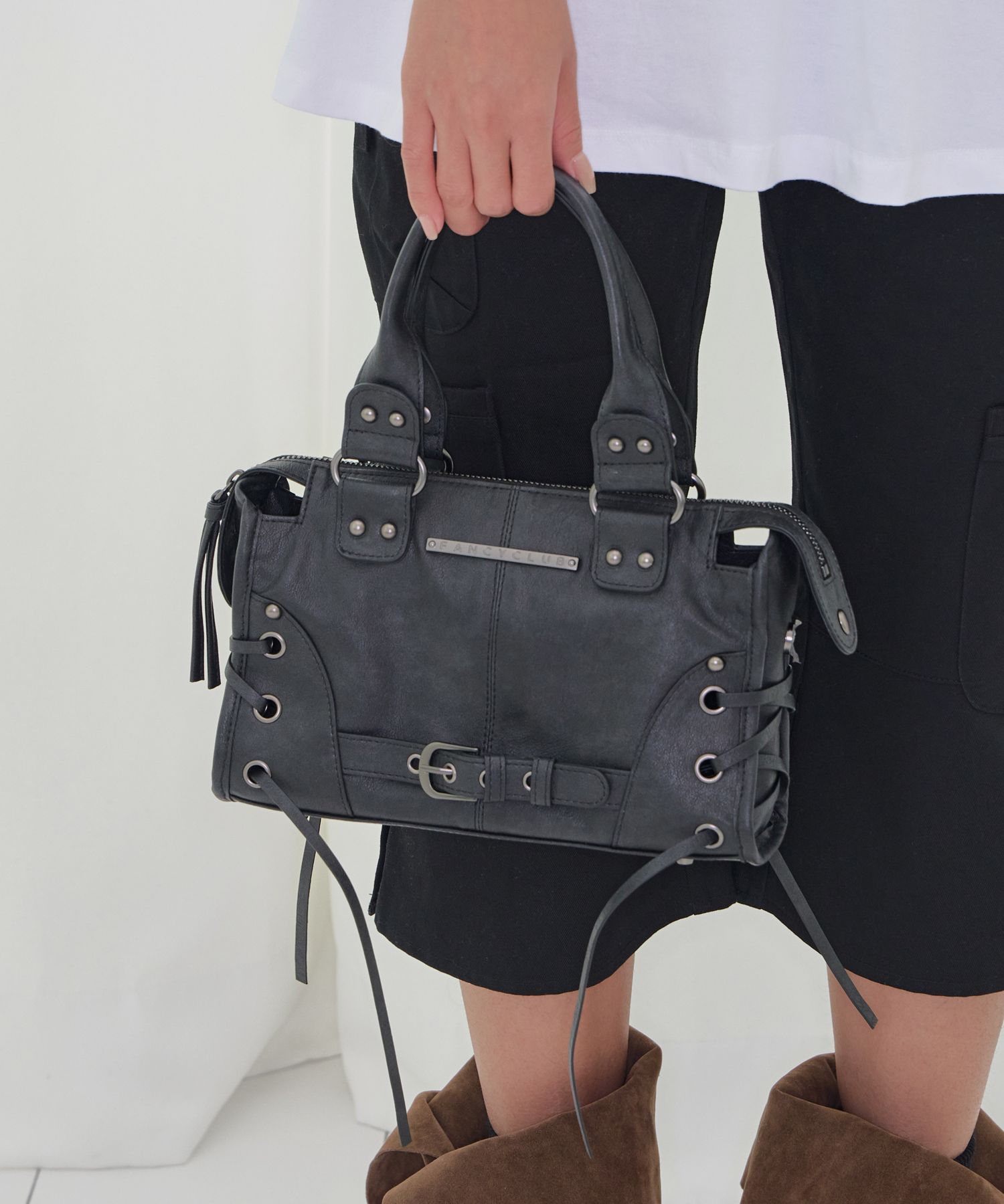 MUSINSA | FANCY CLUB BELTED WASHING LEATHER MINI BAG (BLACK) F26QE991