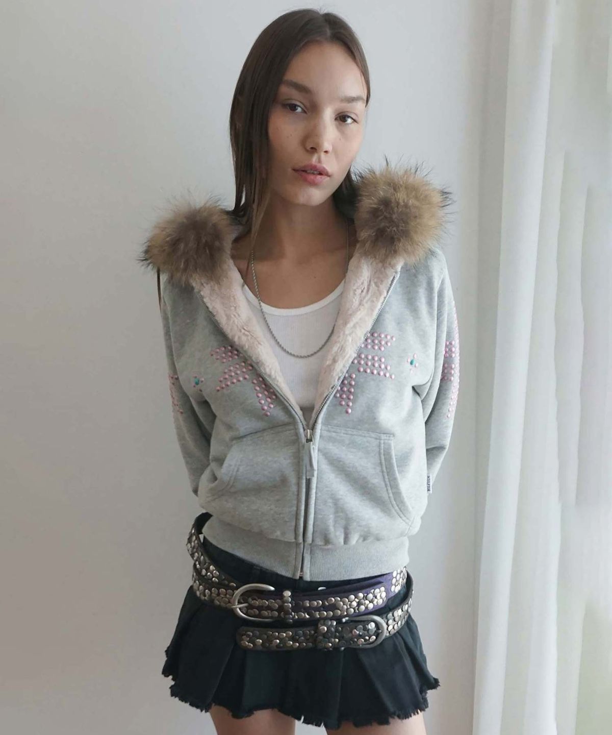 스컬프터(SCULPTOR) Fur Trimming Hooded Zip-Up Melange Gray