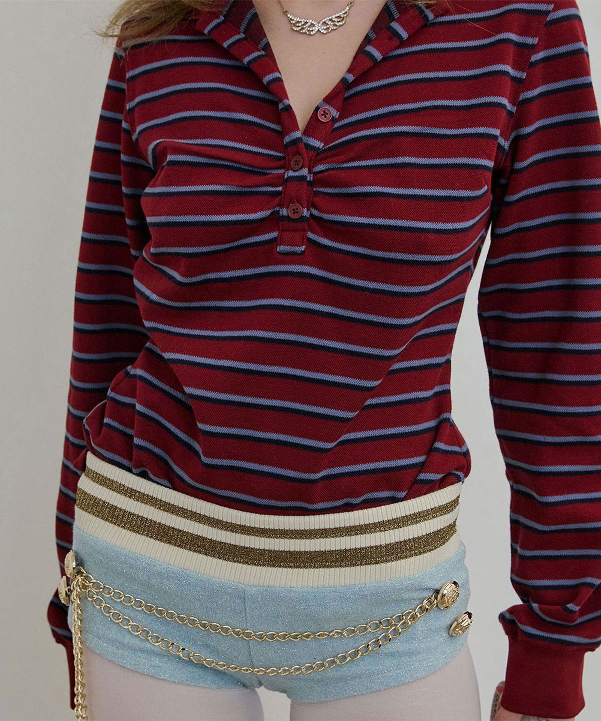 스컬프터(SCULPTOR) Shirring Tennis Shirt Wine Stripe