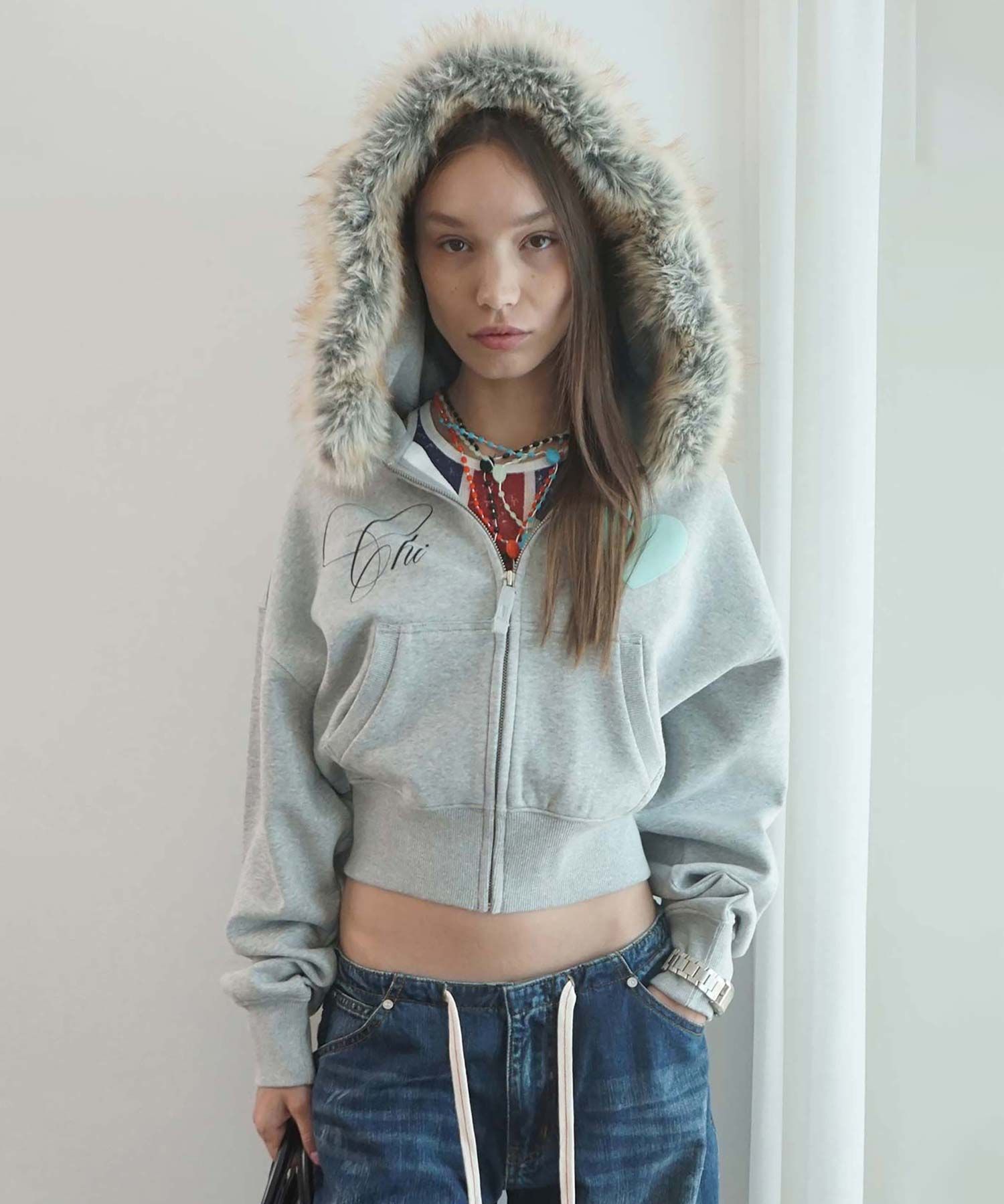 스컬프터(SCULPTOR) Faux Fur Trimming Hooded Zip-Up Melange Gray