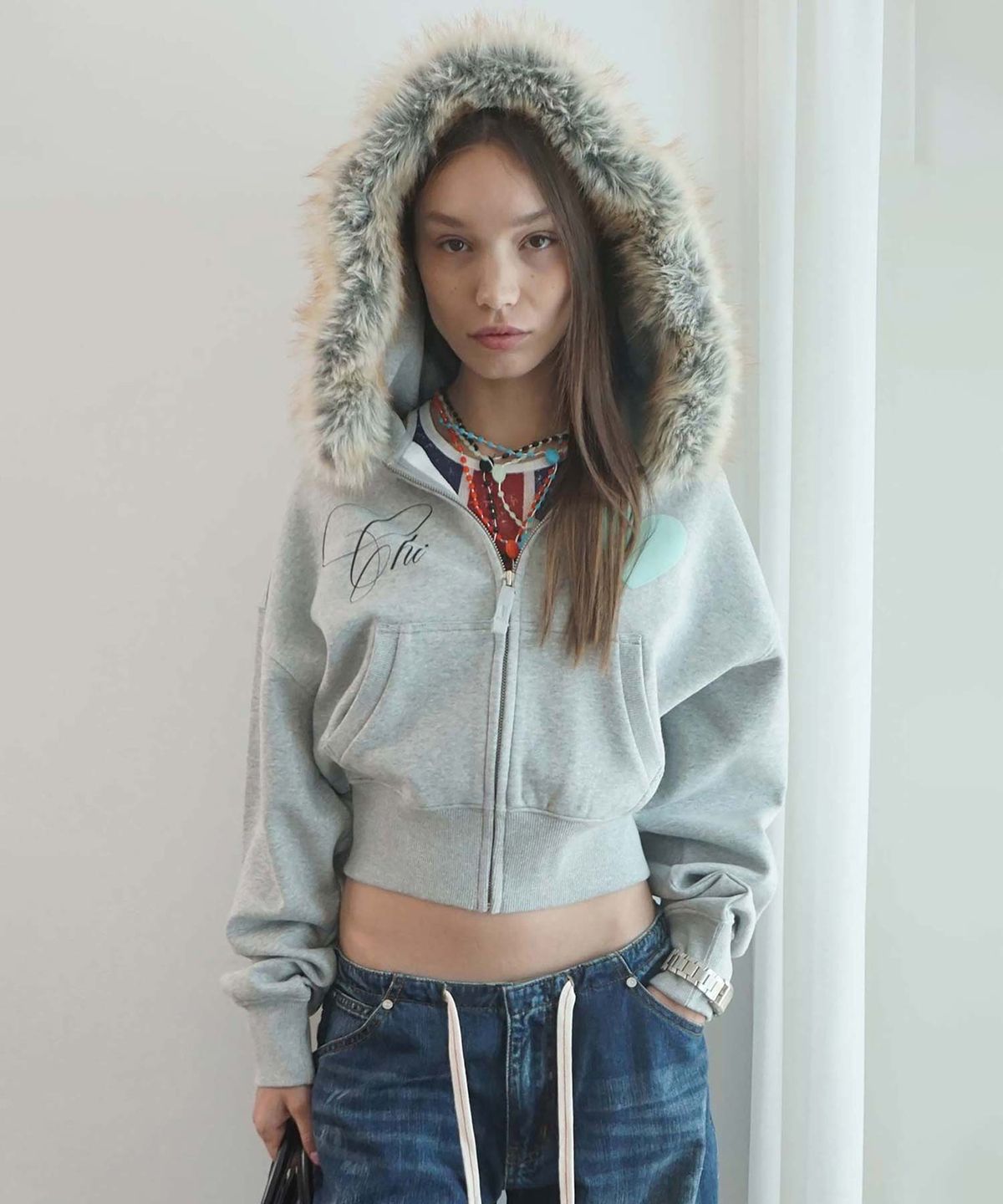 스컬프터(SCULPTOR) Faux Fur Trimming Hooded Zip-Up Melange Gray
