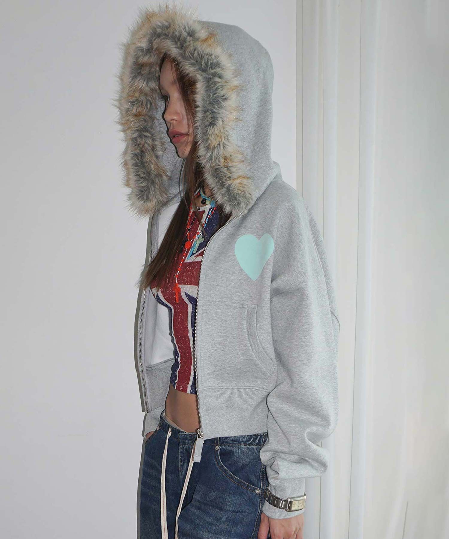 스컬프터(SCULPTOR) Faux Fur Trimming Hooded Zip-Up Melange Gray