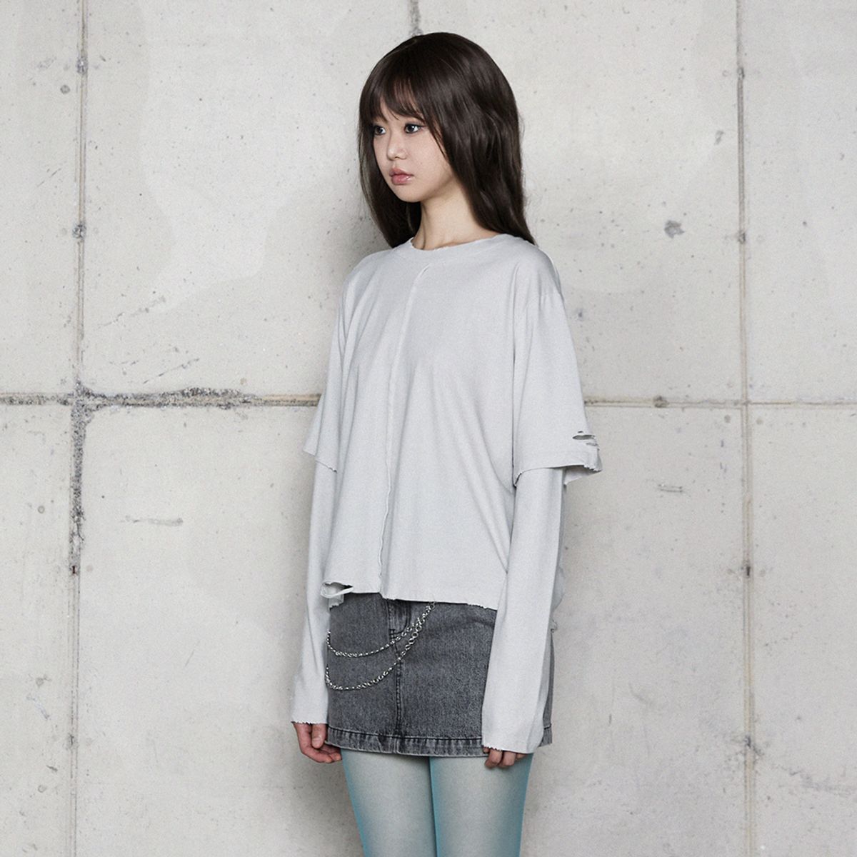라라폭스(LALAFOX) DESTROYED LAYERED T-SHIRT LIGHT GREY BR4CL008