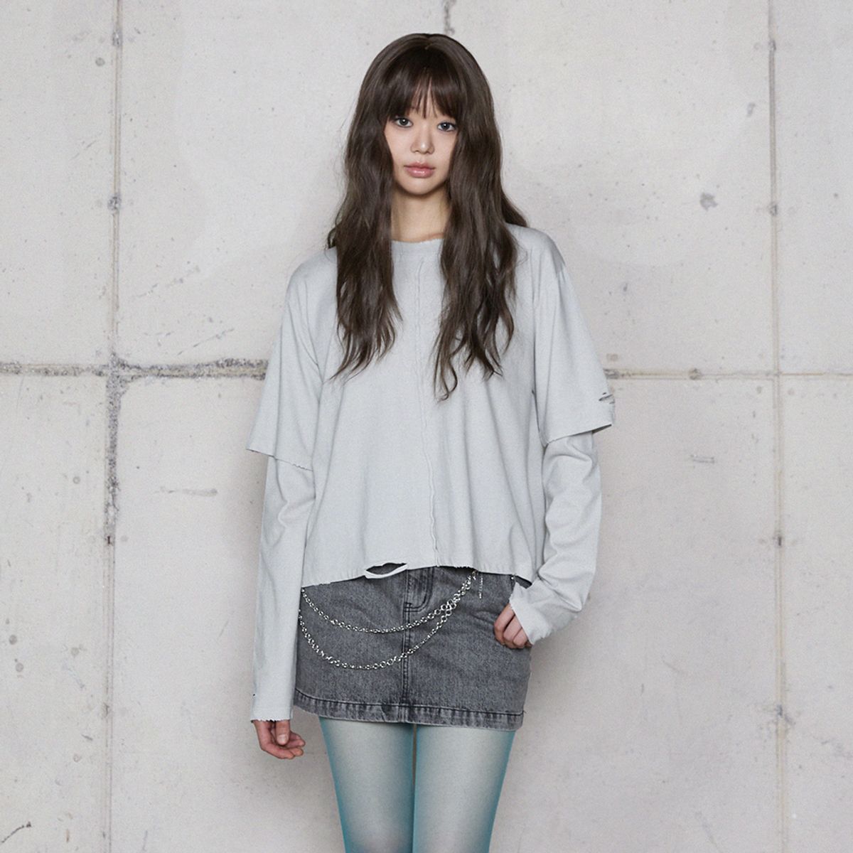 라라폭스(LALAFOX) DESTROYED LAYERED T-SHIRT LIGHT GREY BR4CL008