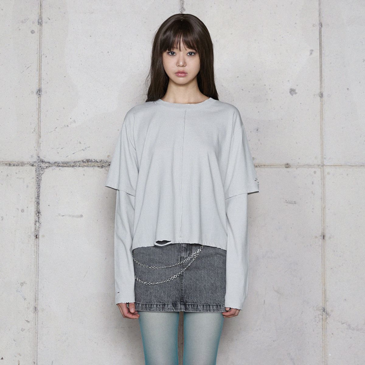 라라폭스(LALAFOX) DESTROYED LAYERED T-SHIRT LIGHT GREY BR4CL008