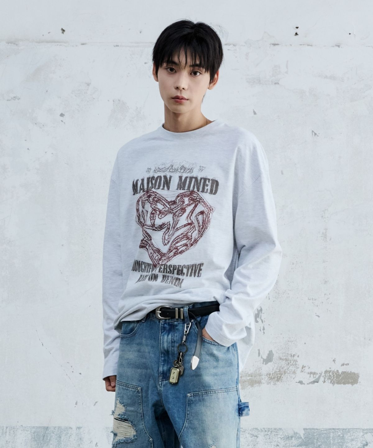 메종미네드(MAISON MINED) DOODLE HEART LONG SLEEVE MELANGE WHITE