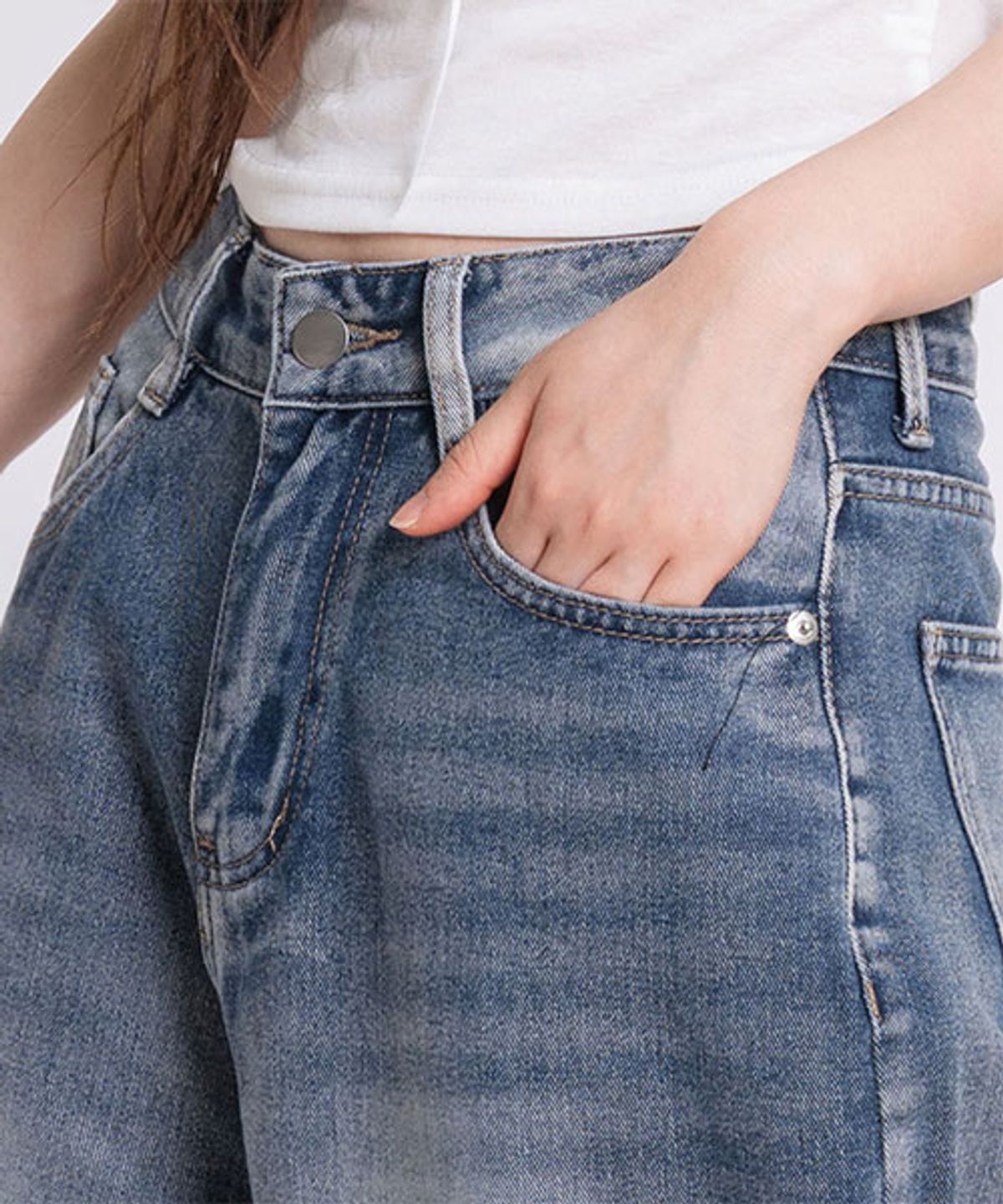 엘런아시(ELLENASSY) P53_[기본/롱/S~3XL/4컬러] 뒷밑단 워싱 와이드 데님 팬츠 / 연청