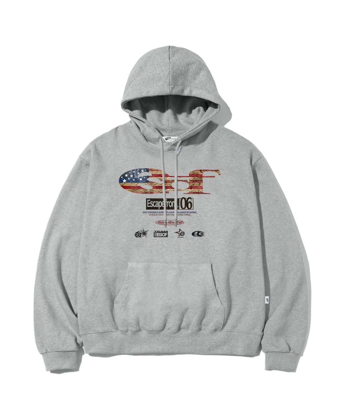 이스케이프프롬(ESCAPEFROM) 빈티지 플래그 ESCF 로고 콜라주 프린트 후드티 [3color]