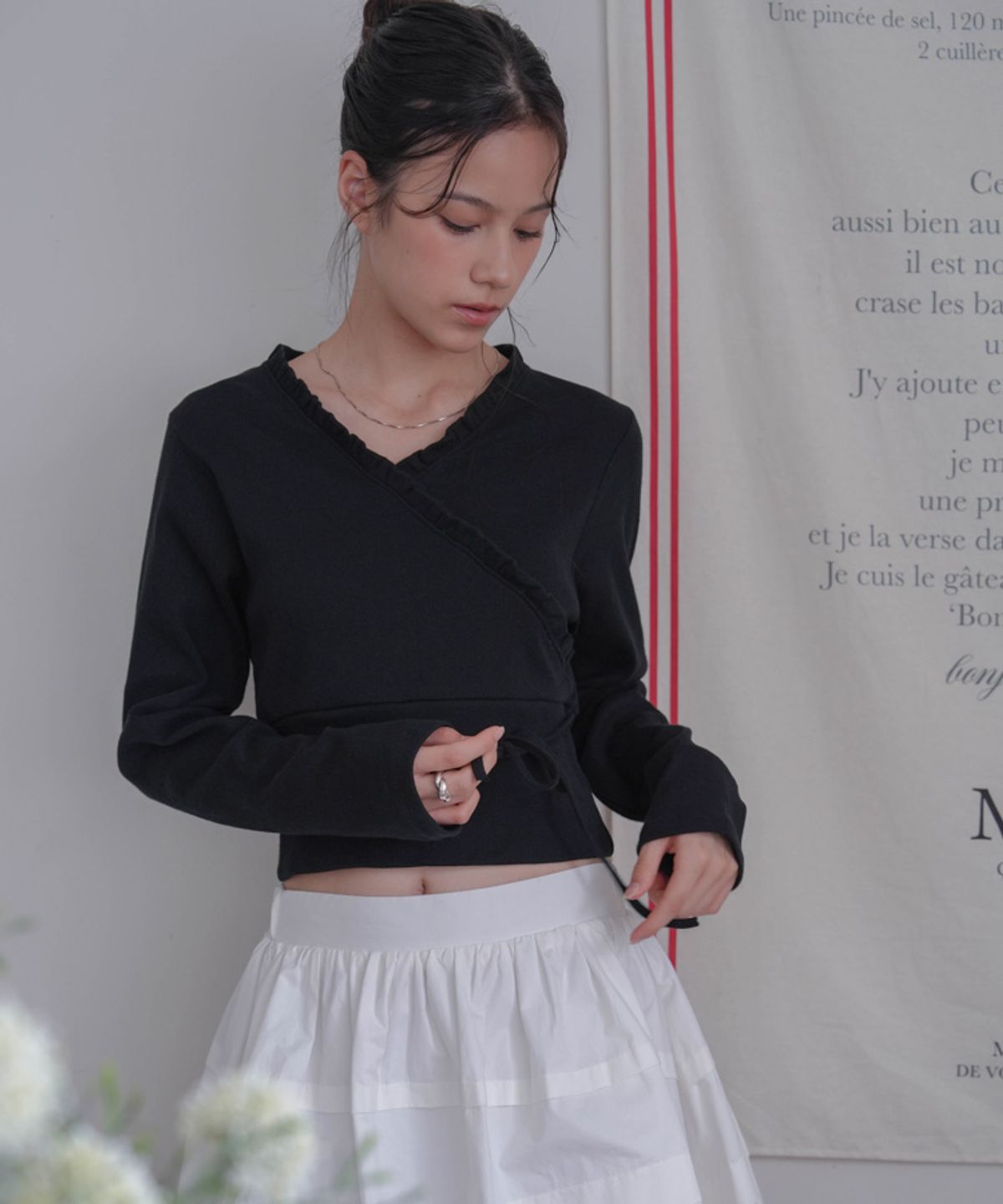드헤베(DEHEVE) Wrap Frill Long Sleeve [Black]