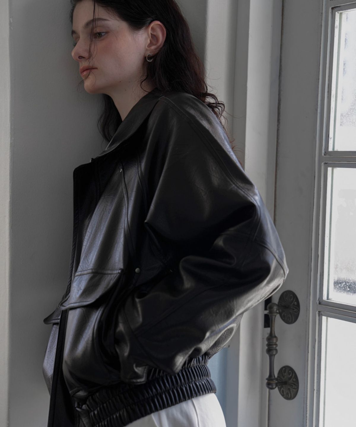 드헤베(DEHEVE) Two-way Rivet Leather Jacket [Black]