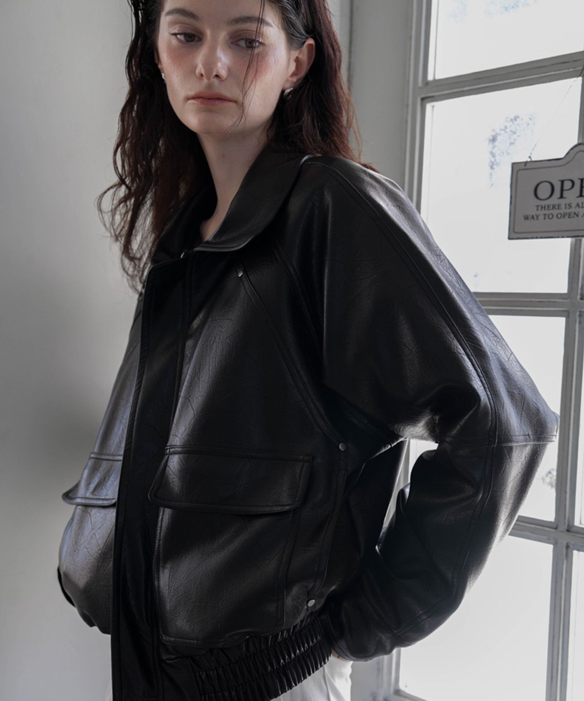드헤베(DEHEVE) Two-way Rivet Leather Jacket [Black]
