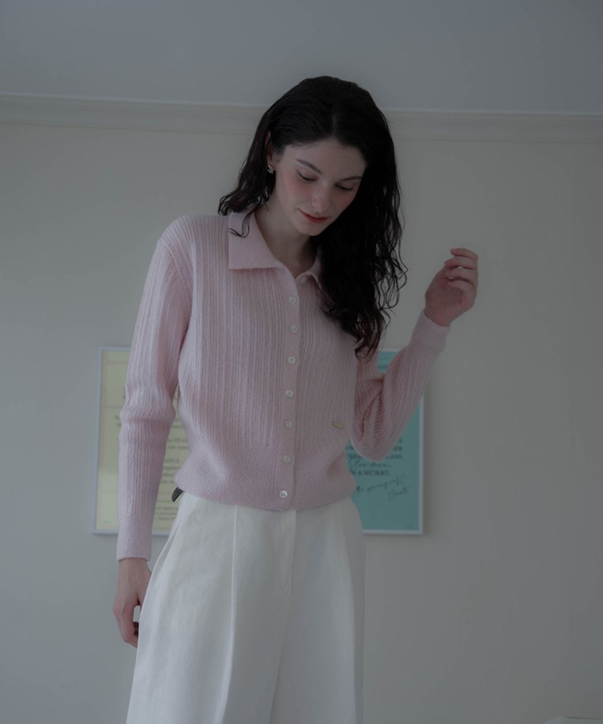 드헤베(DEHEVE) Pastel Collar Knit Cardigan [Pink]