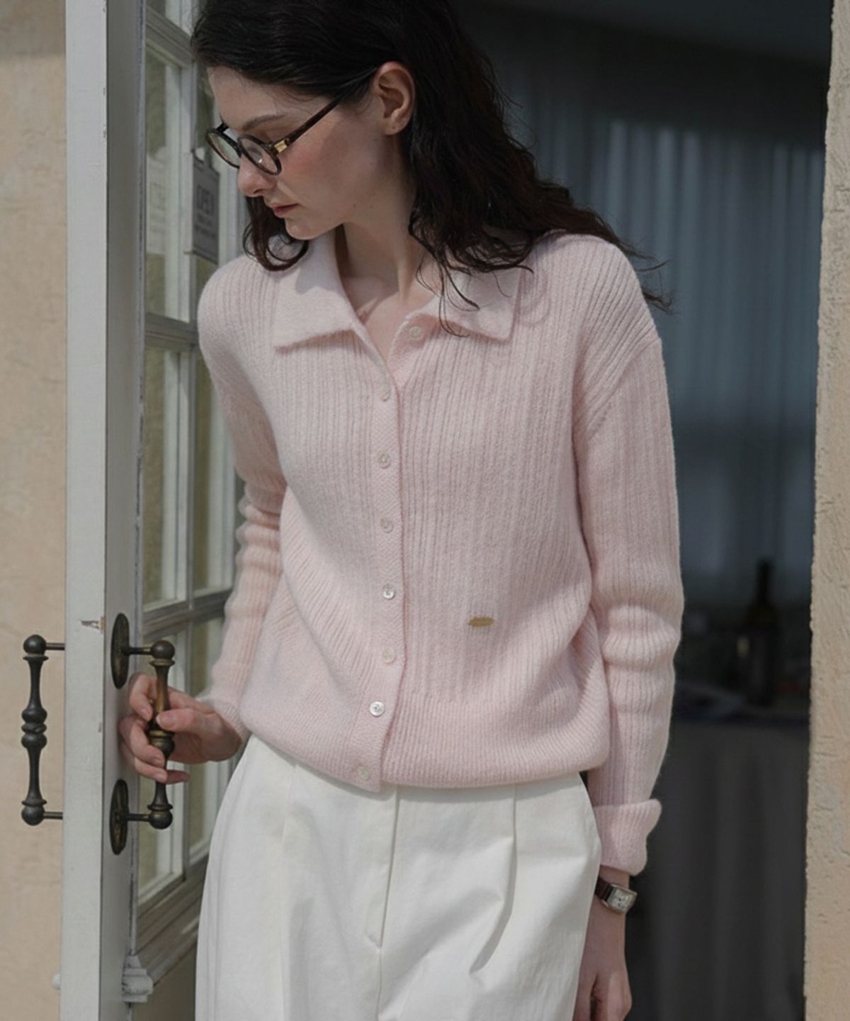 드헤베(DEHEVE) Pastel Collar Knit Cardigan [Pink]