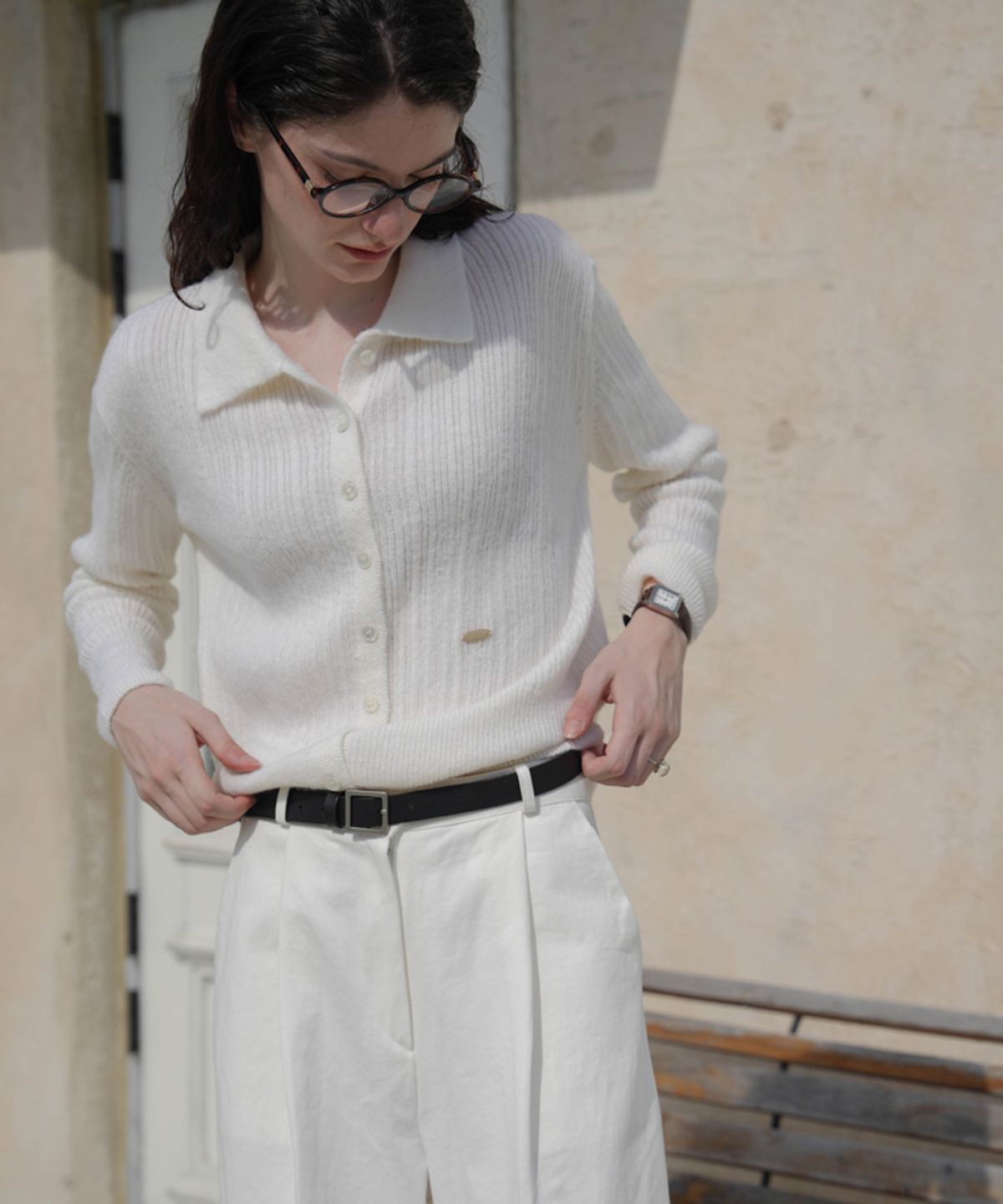 드헤베(DEHEVE) Pastel Collar Knit Cardigan [Ivory]