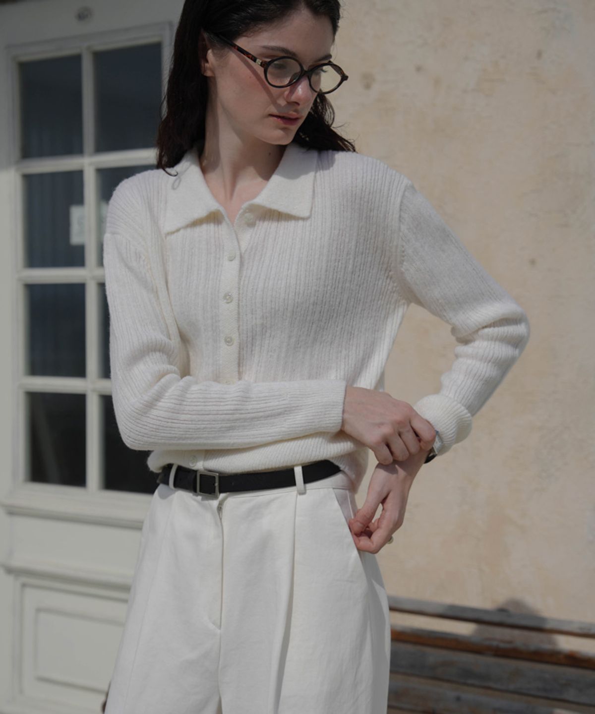 드헤베(DEHEVE) Pastel Collar Knit Cardigan [Ivory]