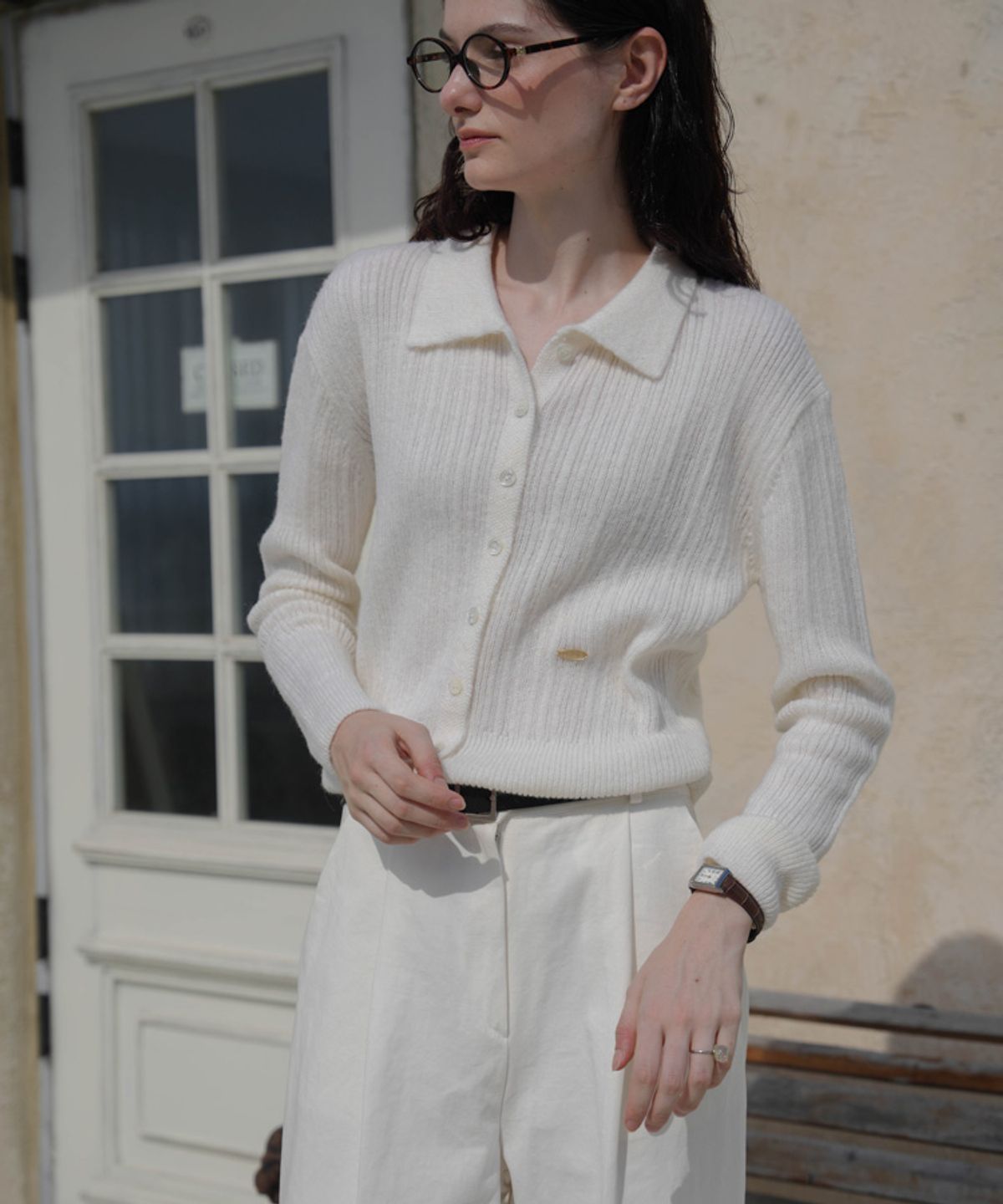 드헤베(DEHEVE) Pastel Collar Knit Cardigan [Ivory]