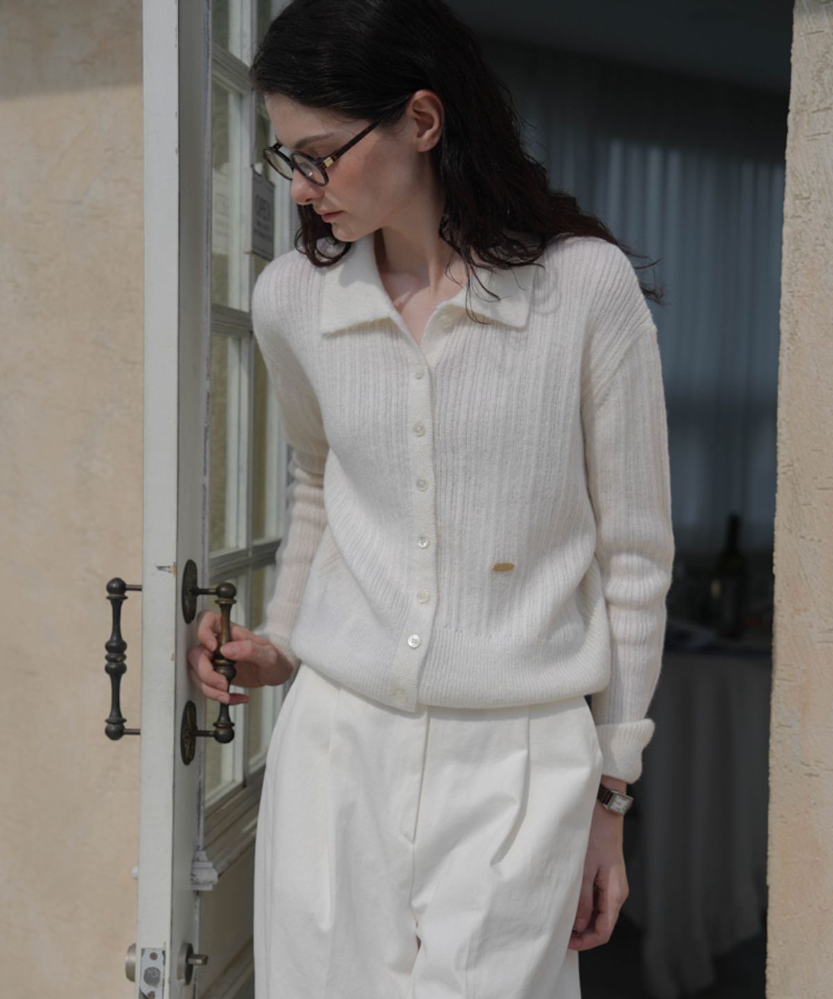드헤베(DEHEVE) Pastel Collar Knit Cardigan [Ivory]