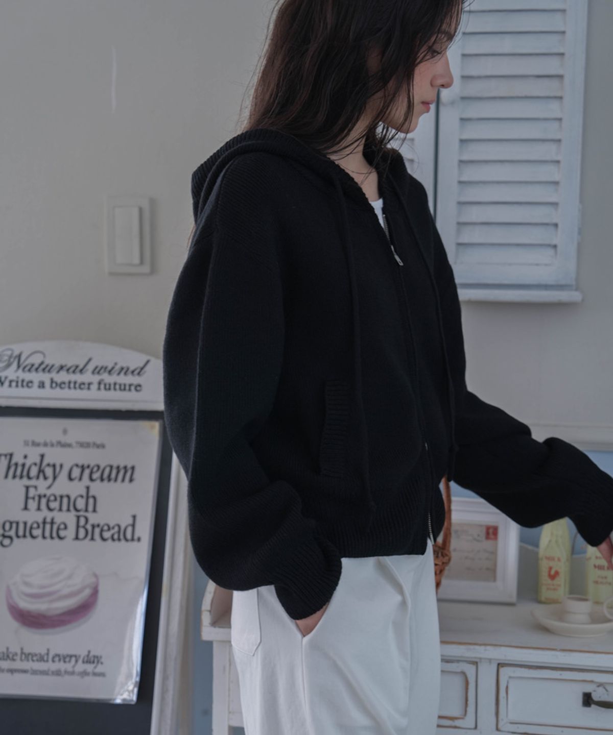 드헤베(DEHEVE) Two-way Hood Zip-up Knit [Black]