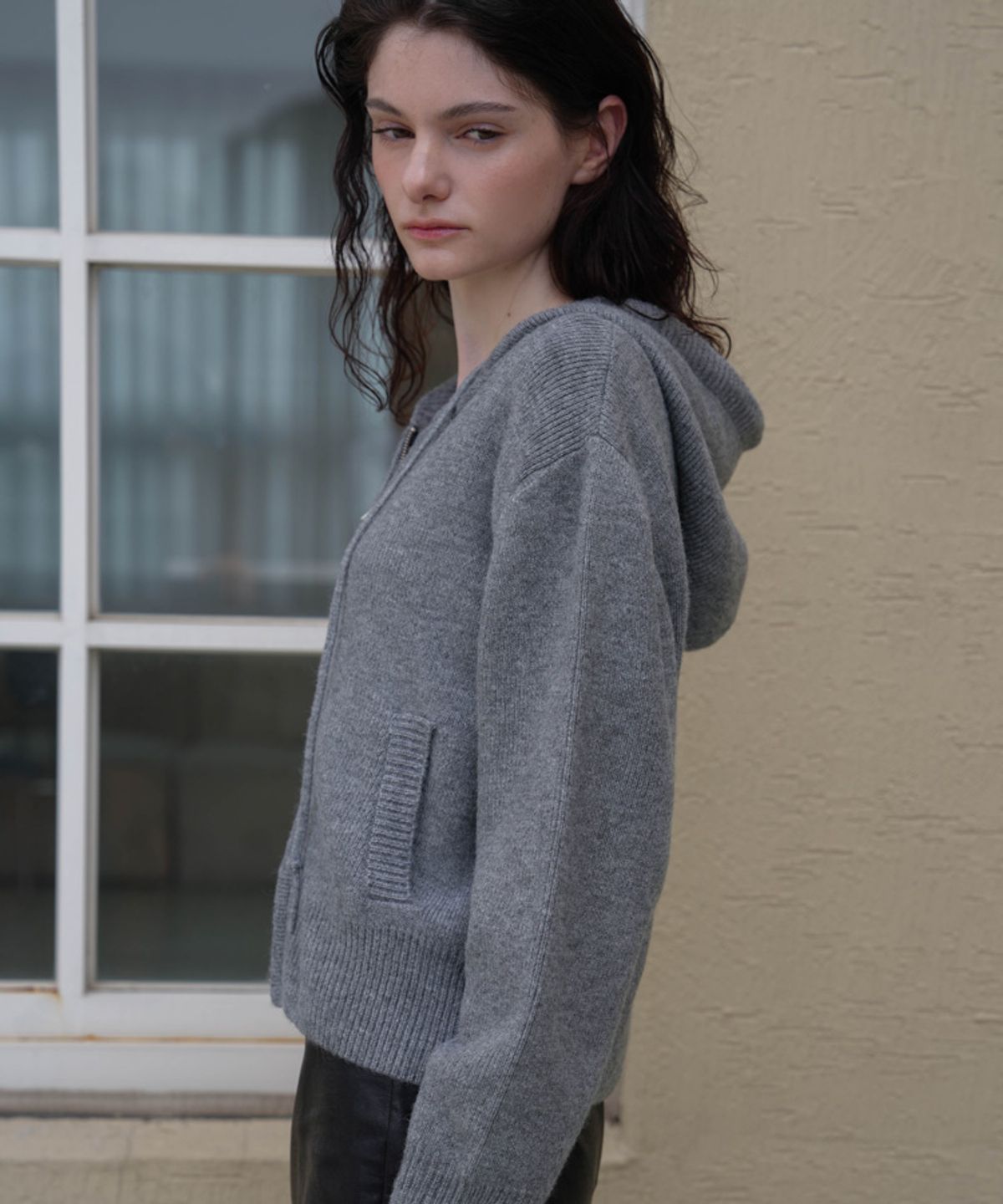 드헤베(DEHEVE) Two-way Hood Zip-up Knit [Gray]