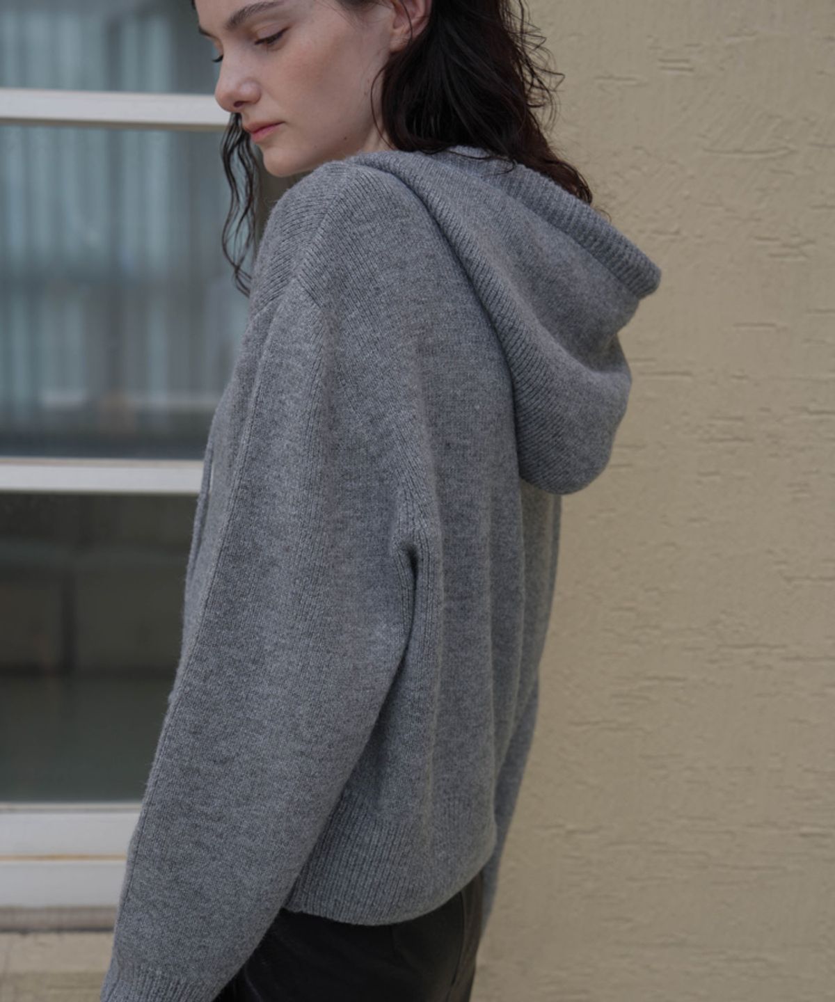 드헤베(DEHEVE) Two-way Hood Zip-up Knit [Gray]